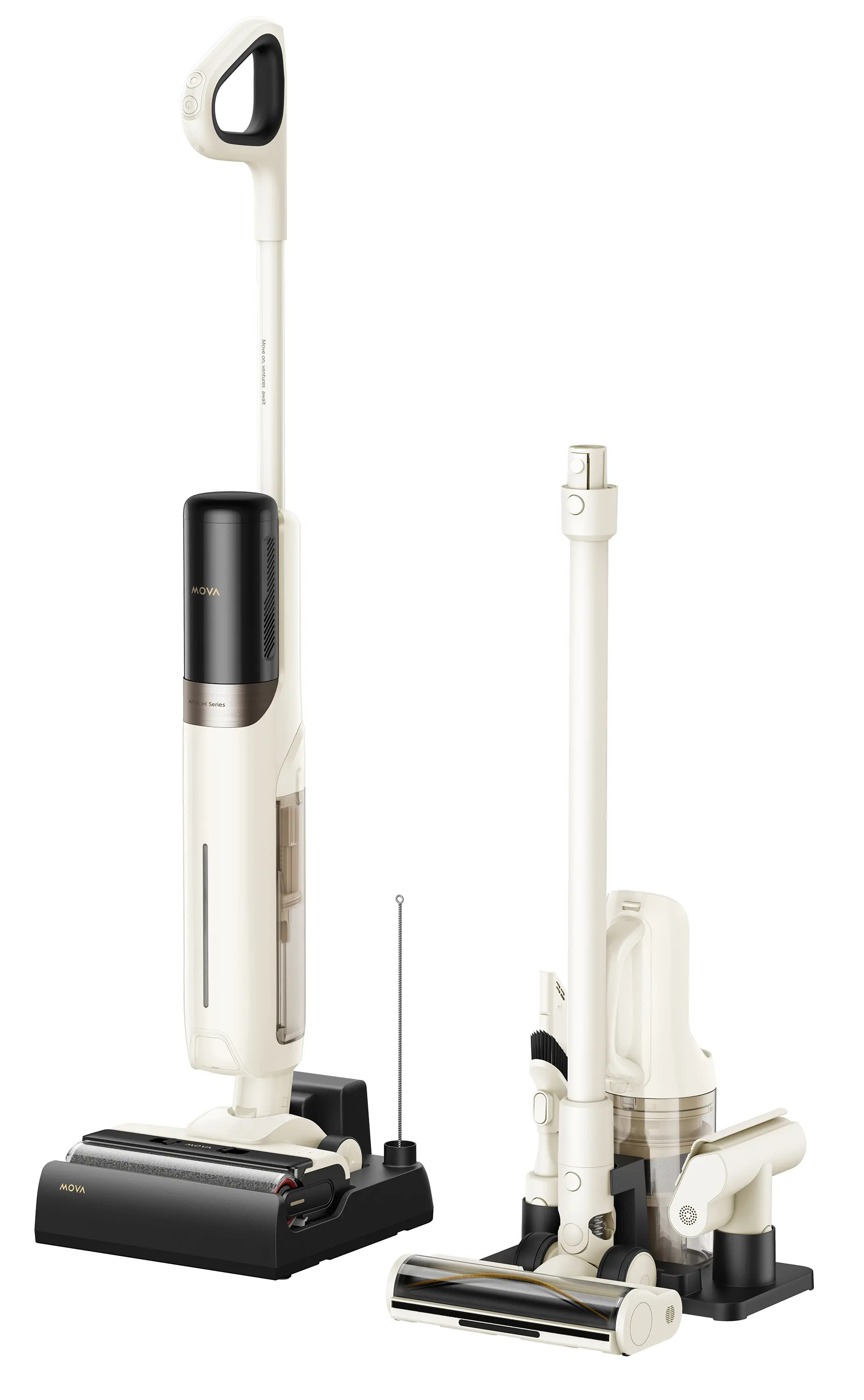 Dwa pionowe odkurzacze, biały i czarny, na białym tle. Jeden się ładuje. Oba mają czarną podstawę.