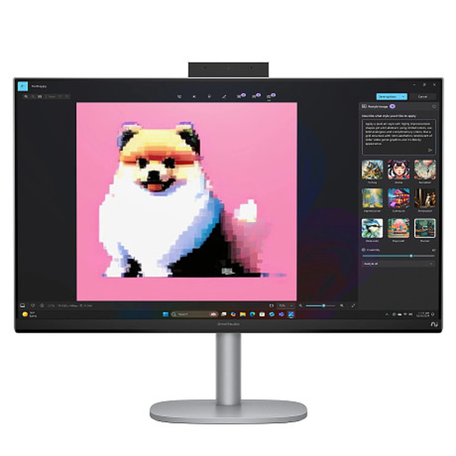 Un écran d'ordinateur affiche une image pixélisée de chien sur fond rose. Le moniteur a une webcam en haut et est sur un pied.