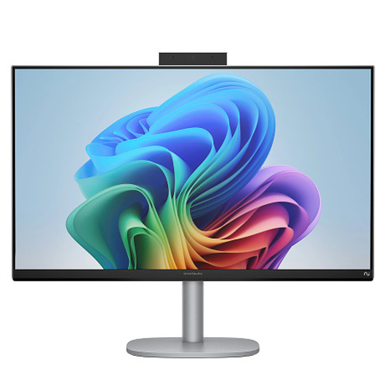 Un moniteur d'ordinateur argenté avec un motif floral abstrait coloré sur l'écran. Le moniteur a une webcam et un pied argenté.