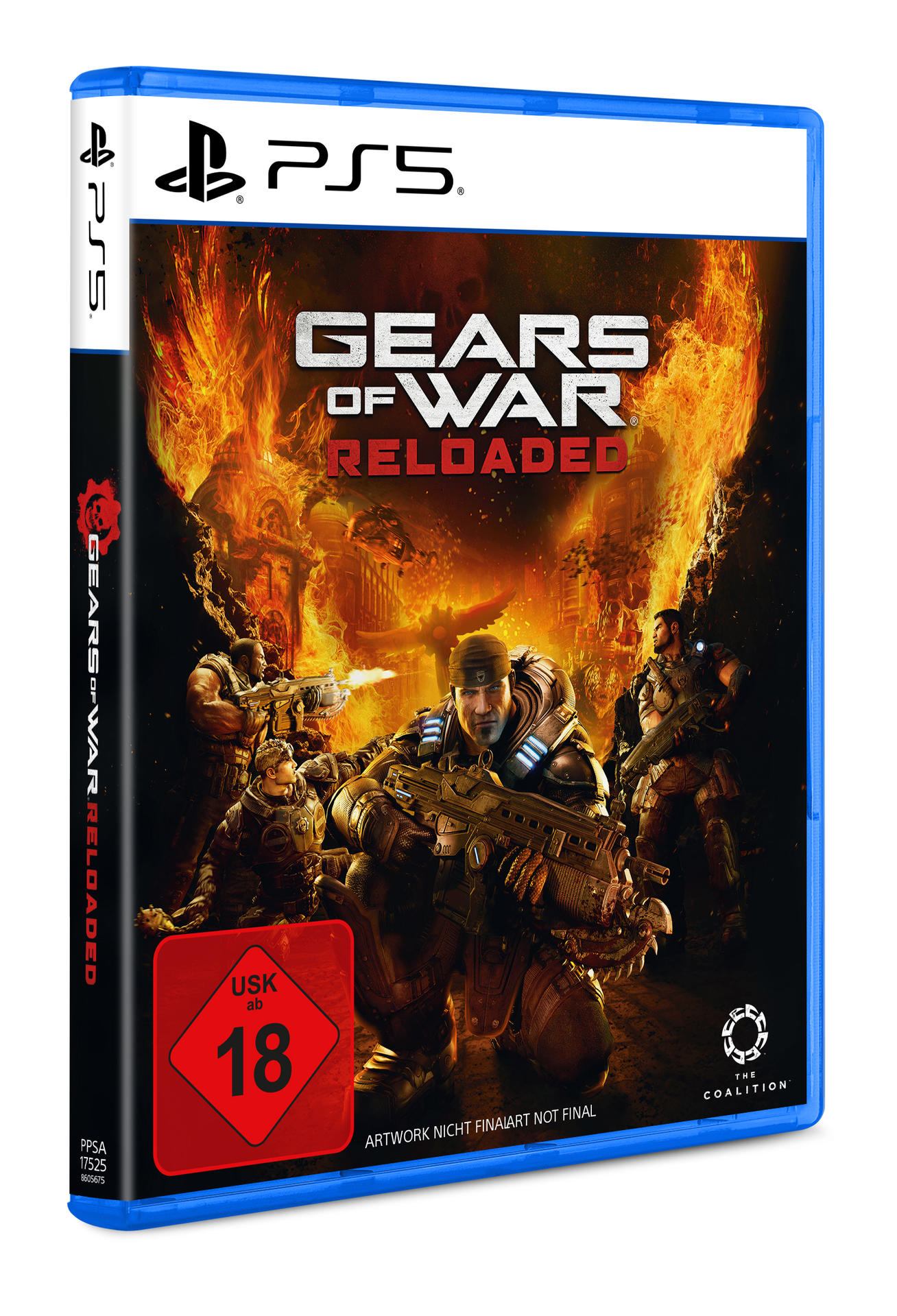 Gears of War: Reloaded Spielhülle. Charaktere mit Waffen, Flammen im Hintergrund, PS5-Logo und USK 18-Rating.