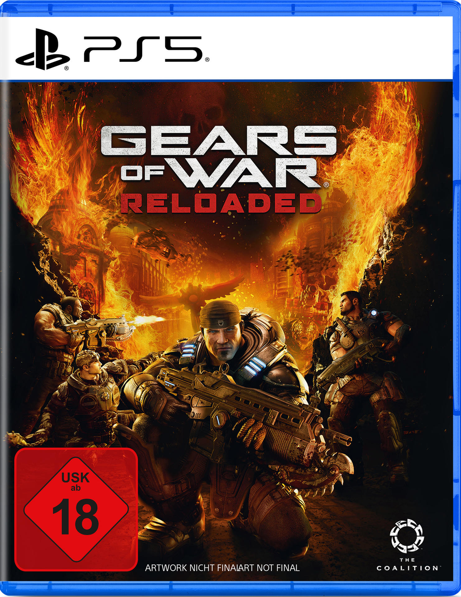 Gears of War: Reloaded-Spielcover. Soldaten mit Waffen sind im Vordergrund. Oranges Feuer und das PS5-Logo sind im Hintergrund.