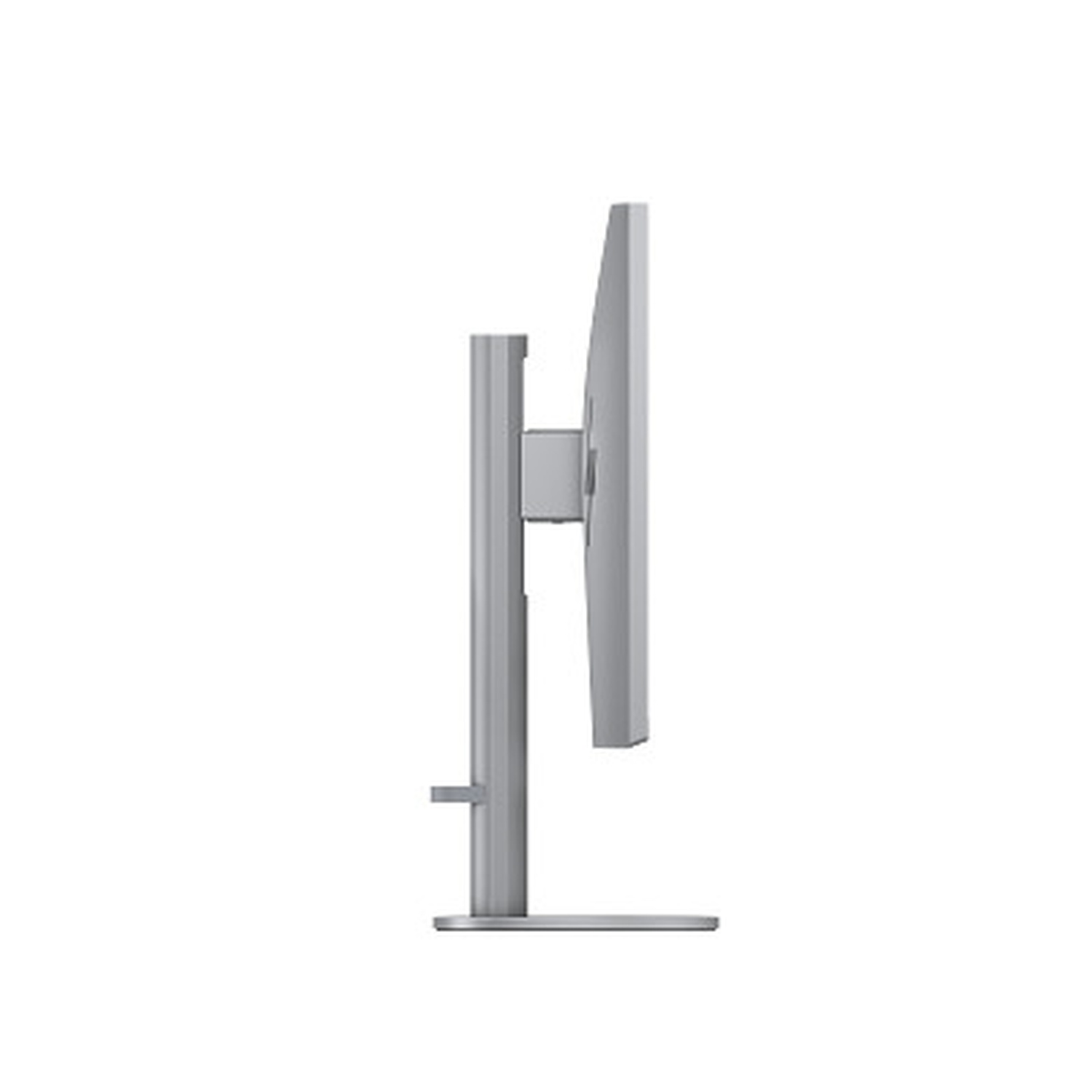 Vue latérale d'un écran d'ordinateur argenté. Il possède un support et se trouve sur un fond blanc. L'écran est rectangulaire.