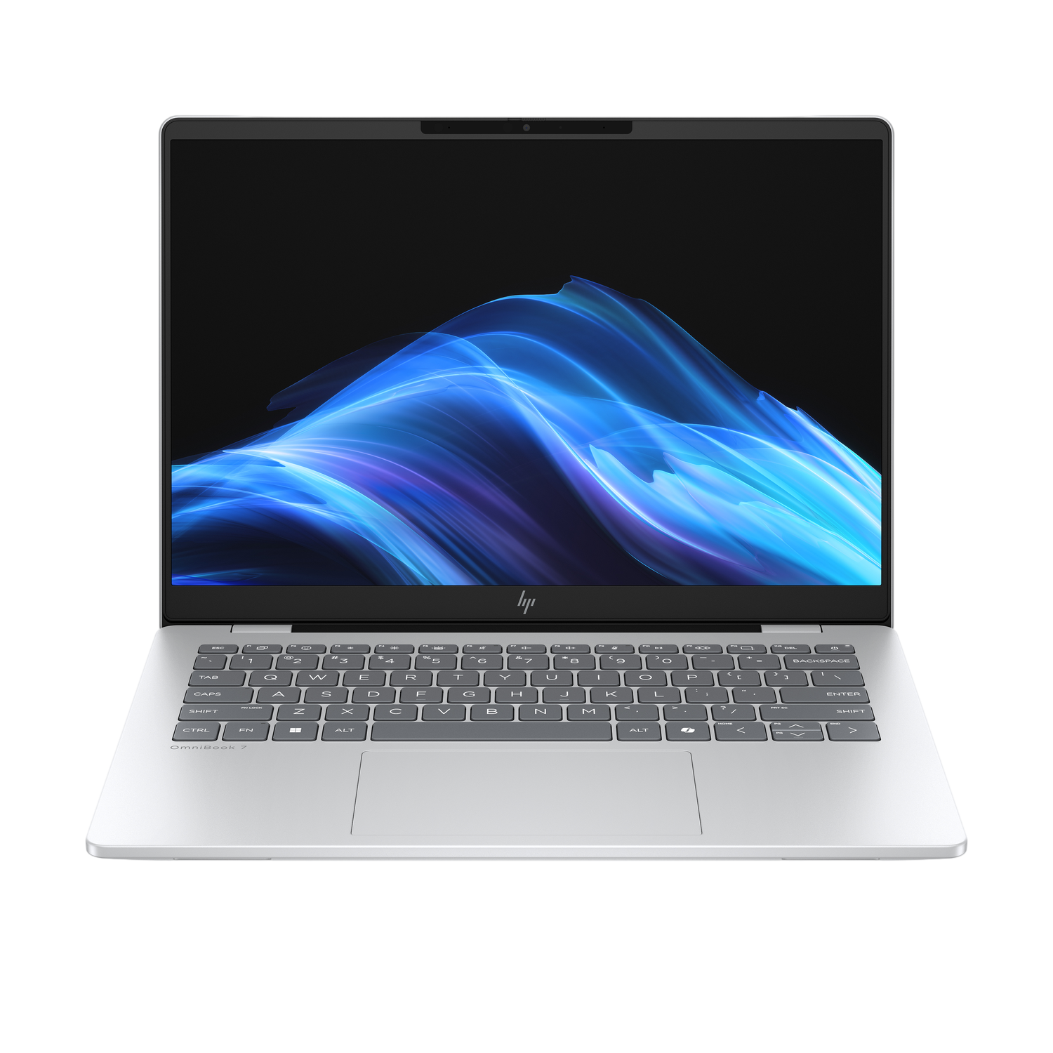 Zilveren laptop, scherm met blauw-wit abstract ontwerp. Toetsenbord zichtbaar met HP-logo. Zwarte achtergrond.