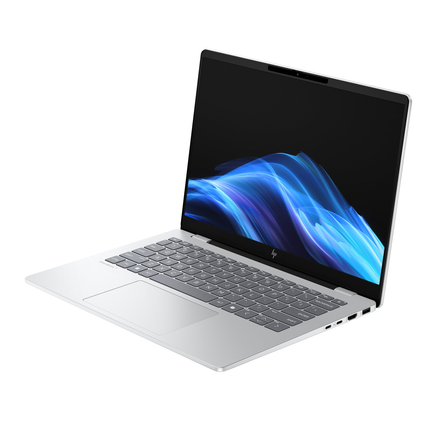 Een zilveren HP laptop is licht geopend en toont een blauw en paars abstract ontwerp op het scherm. Het toetsenbord is zichtbaar.