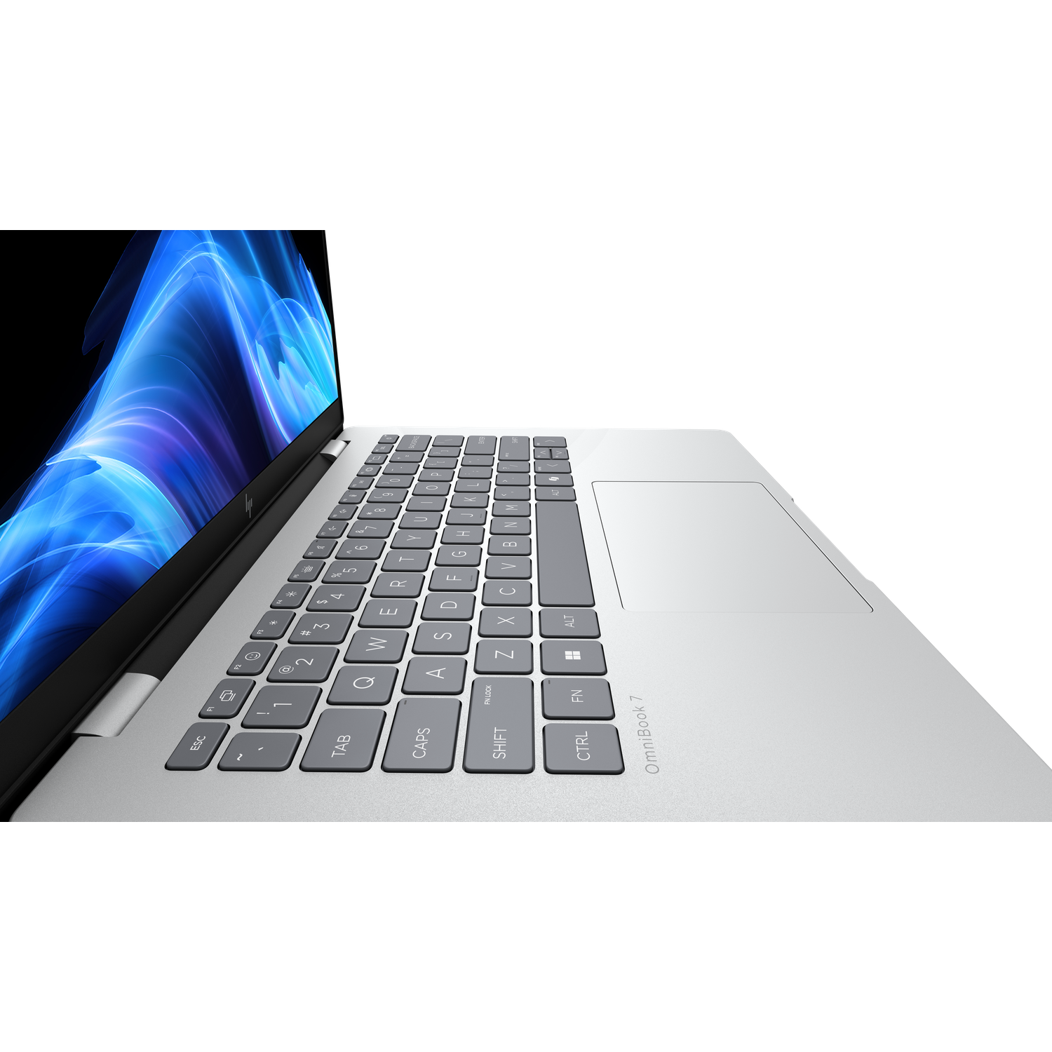 Een zilveren laptop, onder een hoek, toont een toetsenbord en scherm met blauwe abstracte kunst tegen een zwarte achtergrond. Het is een OmniBook 7.