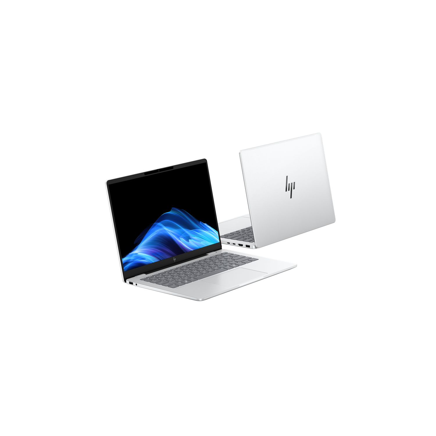 Twee zilveren laptops op zwarte achtergrond. Eén open met blauw scherm, de ander dicht, met het HP-logo.