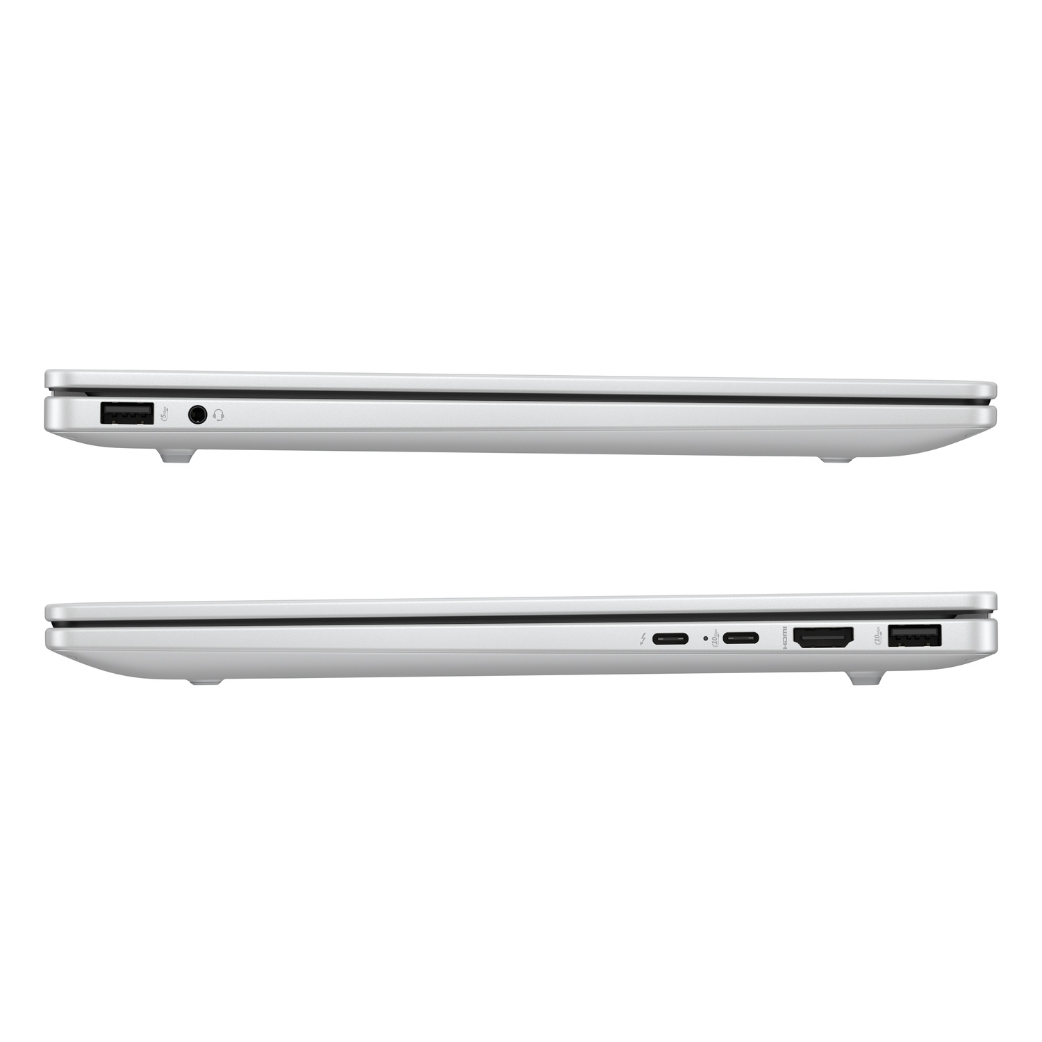 Twee zilveren laptops worden van opzij getoond. De ene staat boven de andere en toont poorten zoals USB, HDMI en een audio-aansluiting.