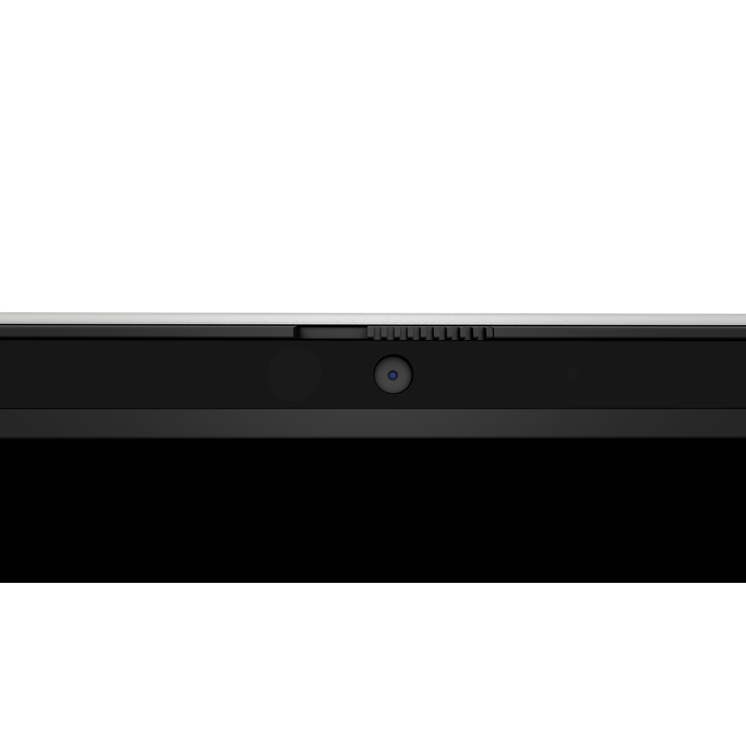 Close-up van de rand van een zwarte laptop. Een webcamlens en een microfoon zijn zichtbaar. De achtergrond is zwart en wit.