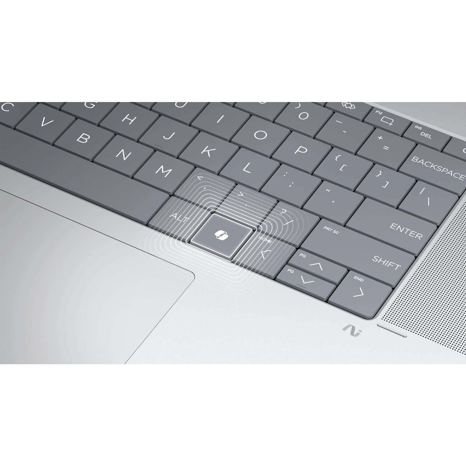 Close-up of a laptop keyboard with gray keys. The Alt key is highlighted with a circular design, the background is white.