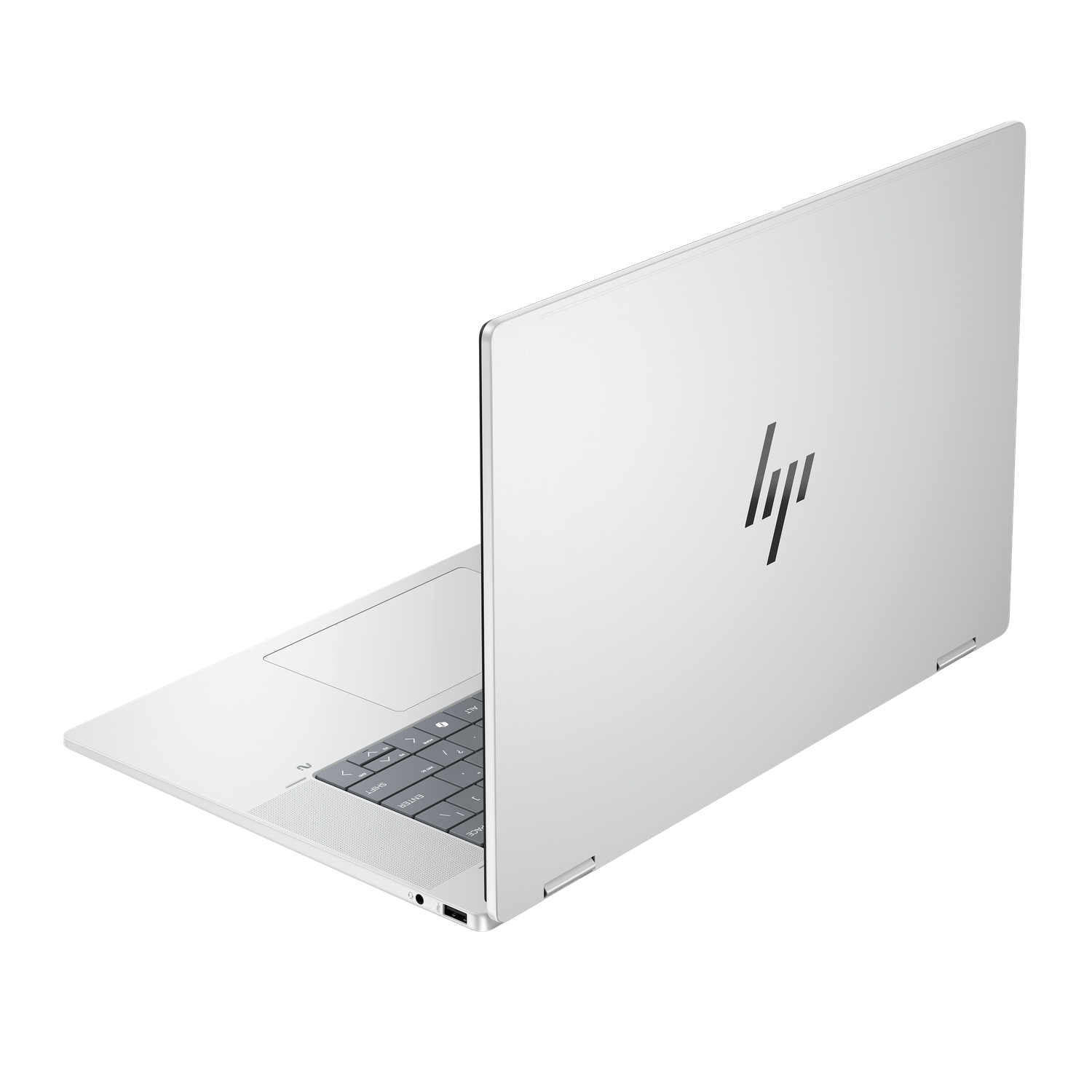 A white HP laptop is open on a black background. The HP logo is visible on the lid. The keyboard is partially visible.