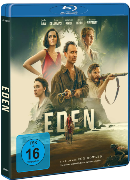 Blu-ray-Cover für Eden. Mit den Schauspielern Jude Law, Ana de Armas und anderen. Szene zeigt Personen an einem Strand mit Dschungel-Kulisse.