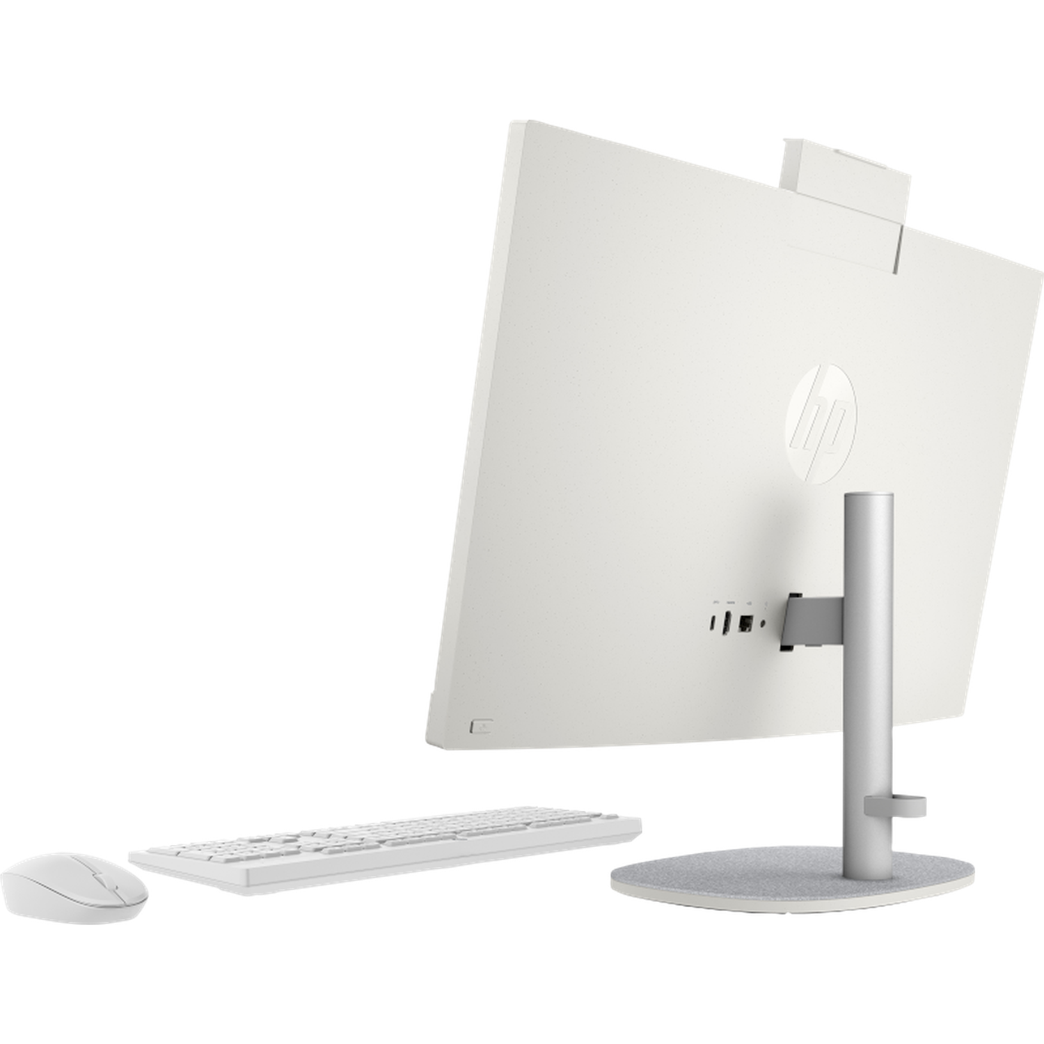 An off-white HP all-in-one computer with a keyboard and mouse. The screen is tilted, showing the back and the HP logo.