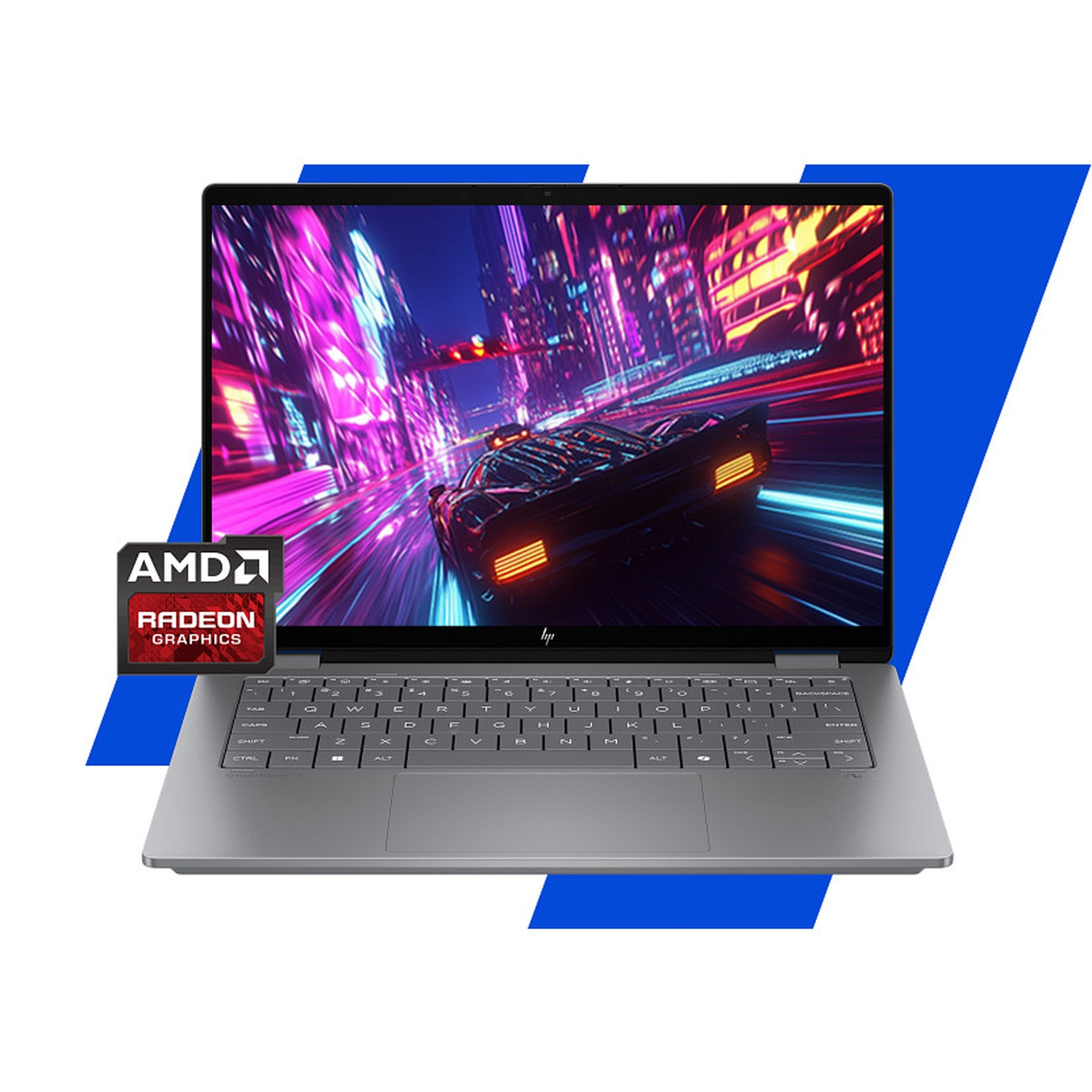 A laptop displaying a racing game. An AMD Radeon logo is on the left. The laptop is on a white background with blue shapes.