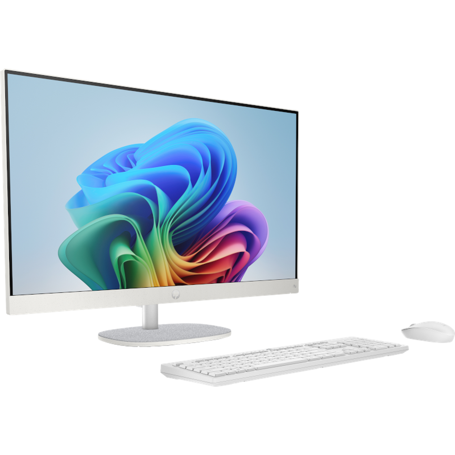 An HP all-in-one computer. It has a white keyboard, mouse, and a screen displaying colorful abstract shapes on a light blue backdrop.