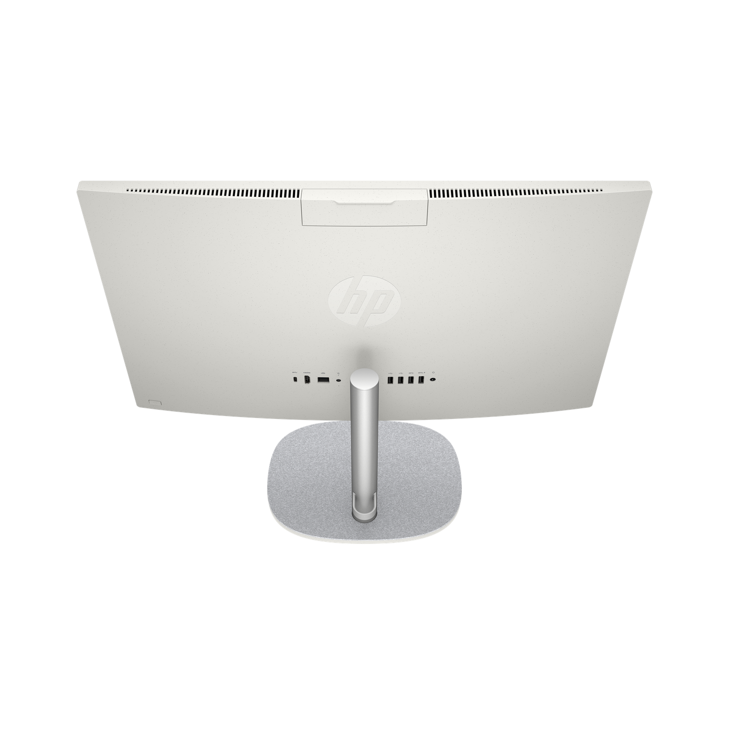 Back of a light gray HP monitor on a gray stand. The monitor has the HP logo and ports. Background is black.