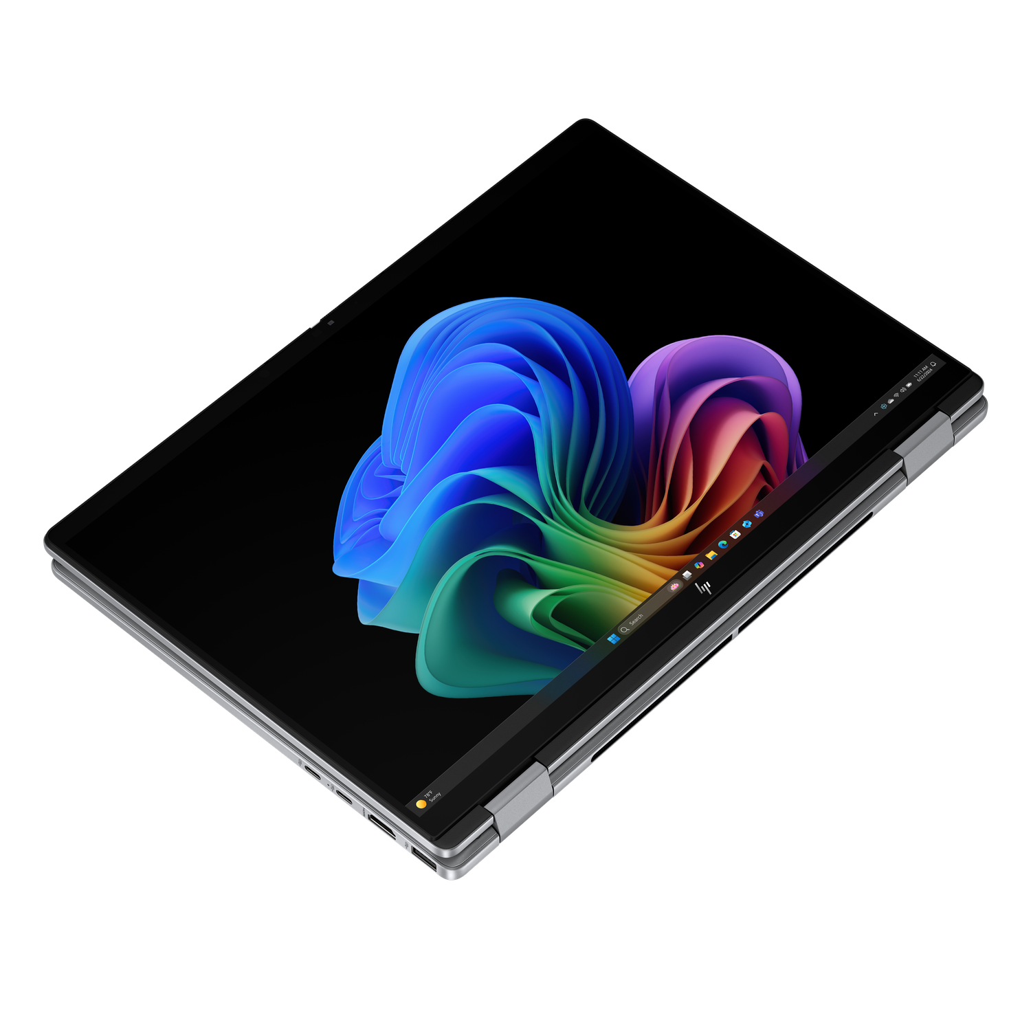 A laptop with a colorful abstract background. The screen displays a swirling design of blues, purples, and greens against a black backdrop.