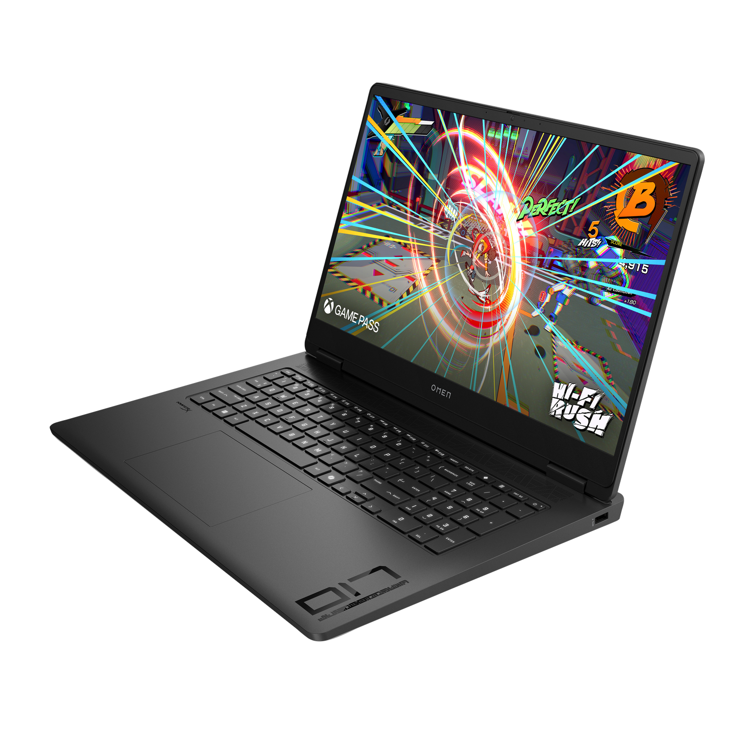 Black laptop displaying a colorful video game scene, with the words Wi-Fi Rush and Game Pass visible on the screen.