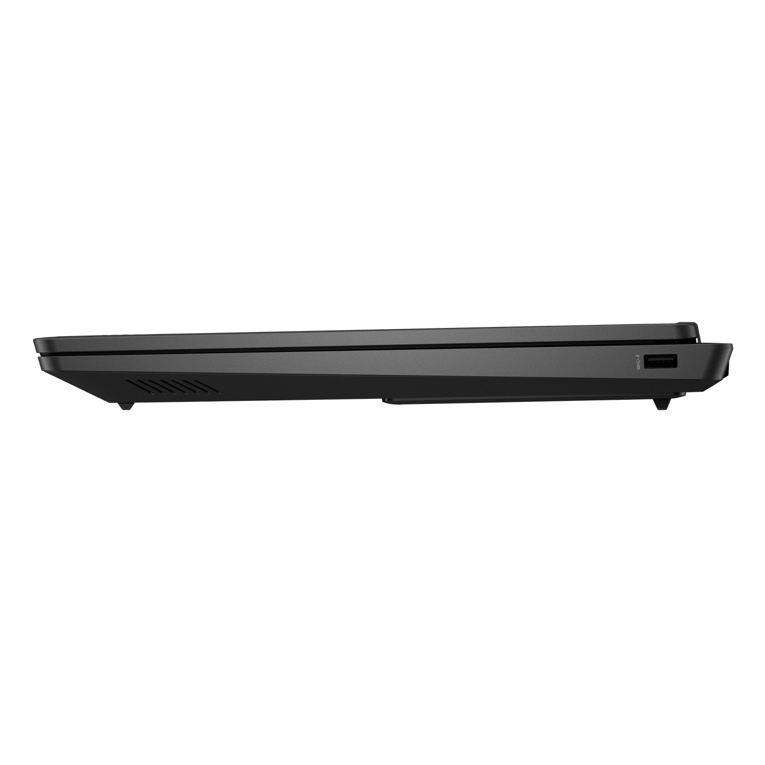 Side view of a black laptop on a black background. The laptop is slightly open, revealing the keyboard and ports.