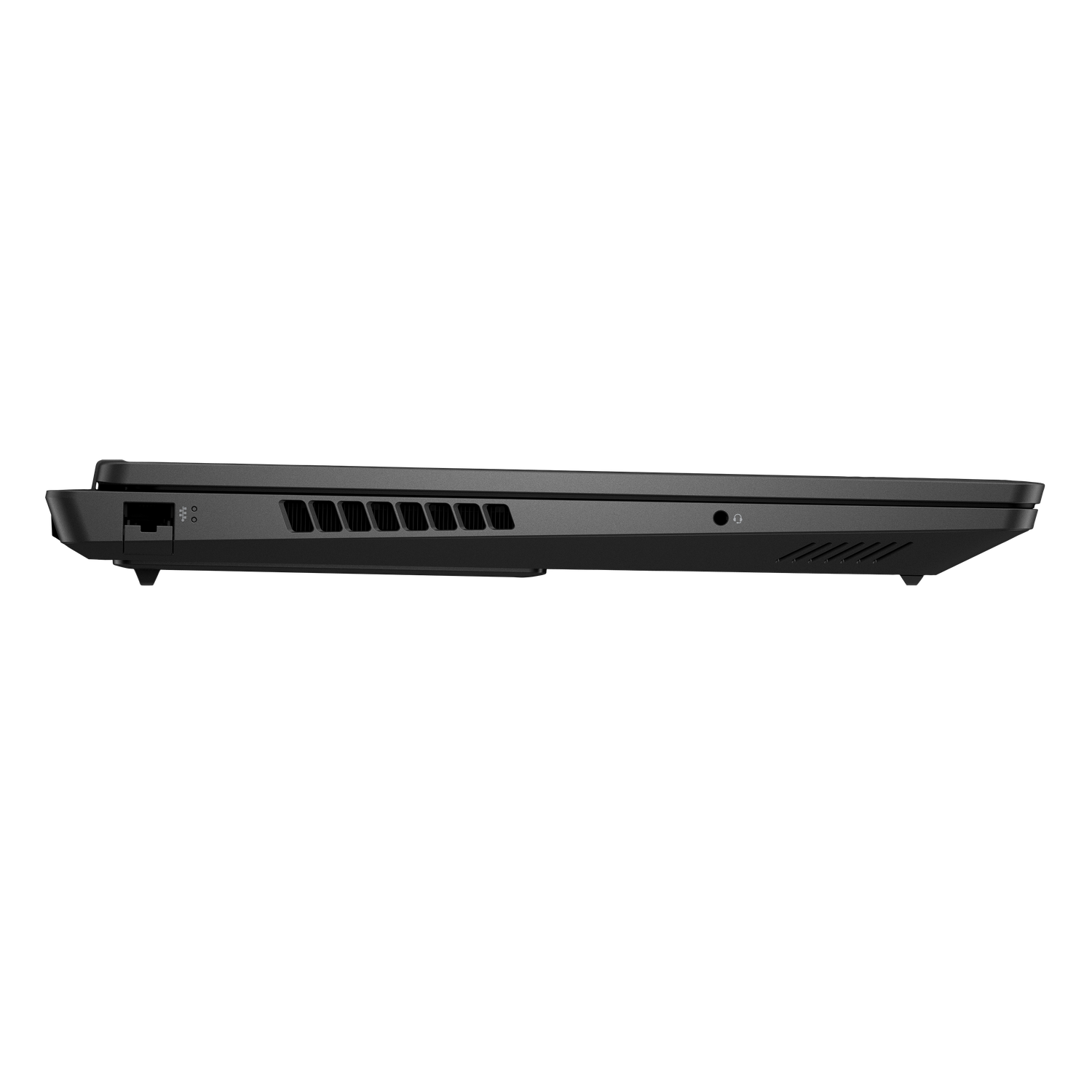 Side view of a black laptop. Visible ports, vents, and a headphone jack. Black background.