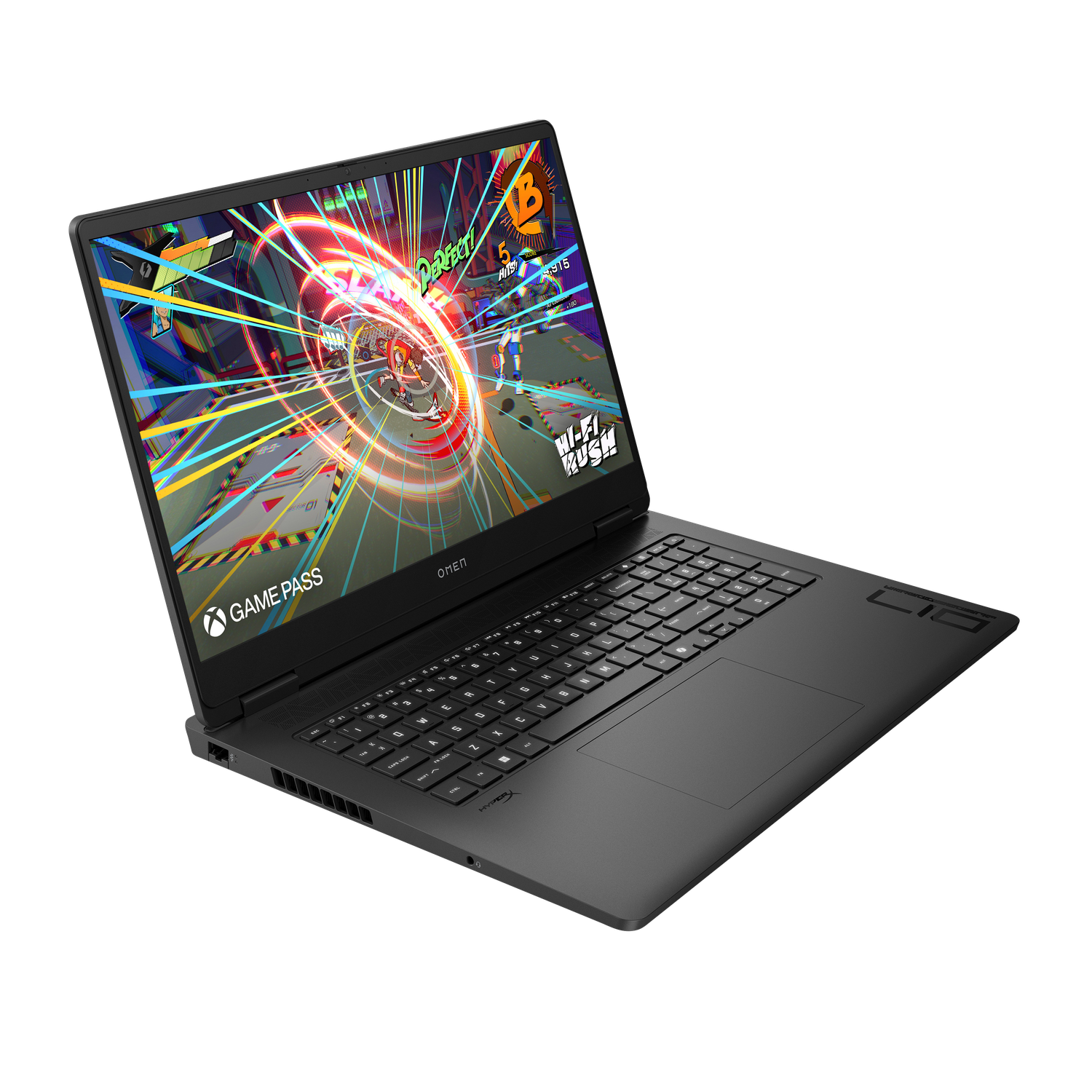 A black laptop displays a colorful game. The Omen logo is visible, and a Game Pass logo is on the screen. The keyboard and touchpad are visible.