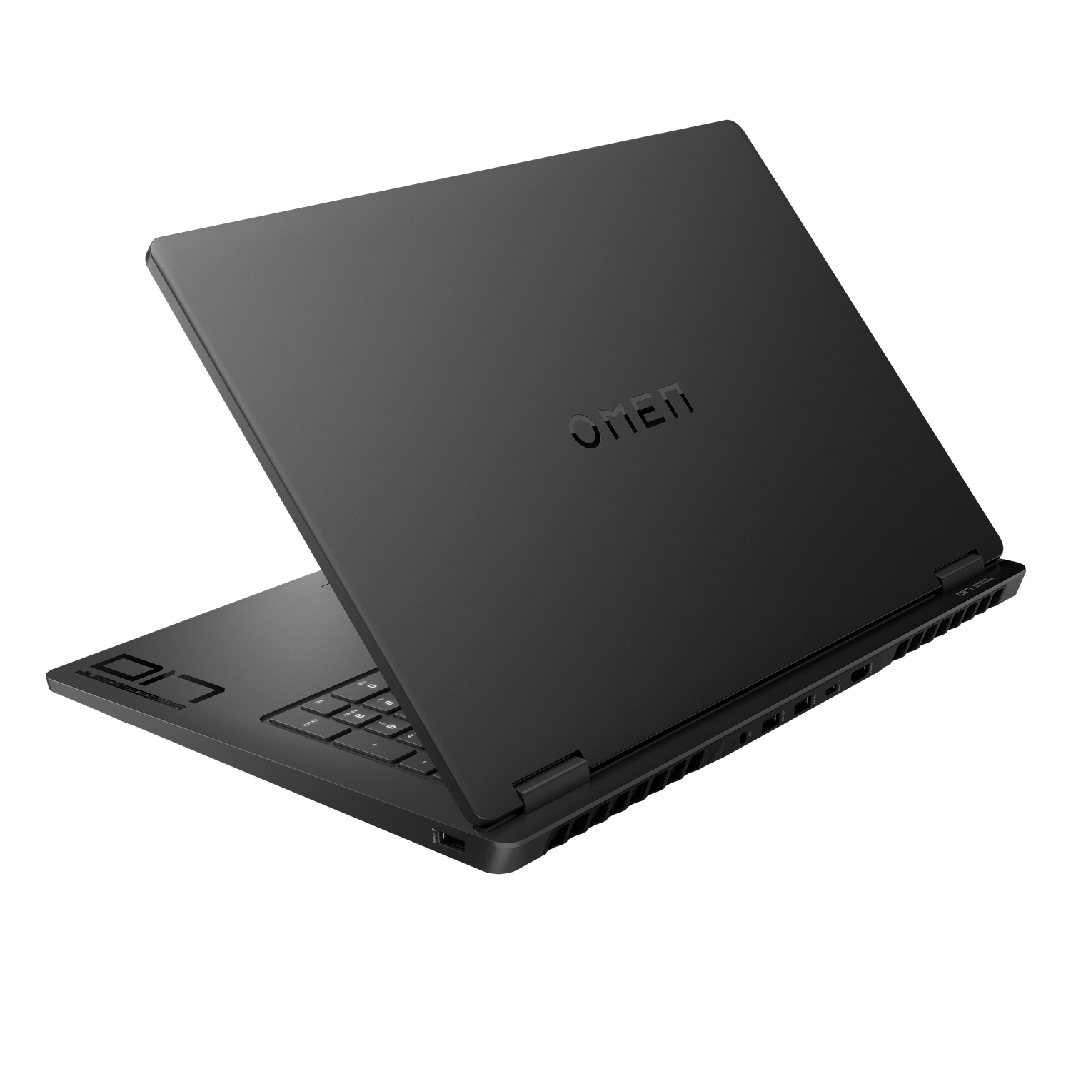 A black OMEN laptop is angled open, displaying the keyboard and screen. The OMEN logo is visible on the closed lid.