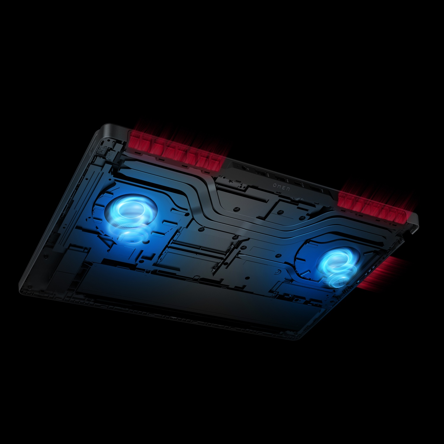 Laptop's internal components are shown. Fans glow blue. Red heat vents are visible. The OMEN logo is present. The background is black.