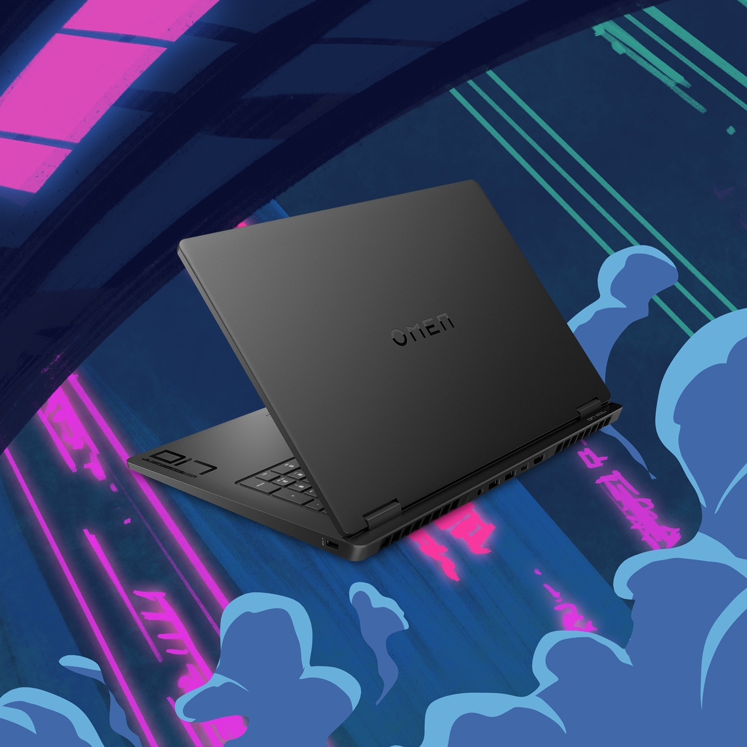 A black laptop, OMEN brand, is slightly open, set against a blue background with pink and light blue graphics.