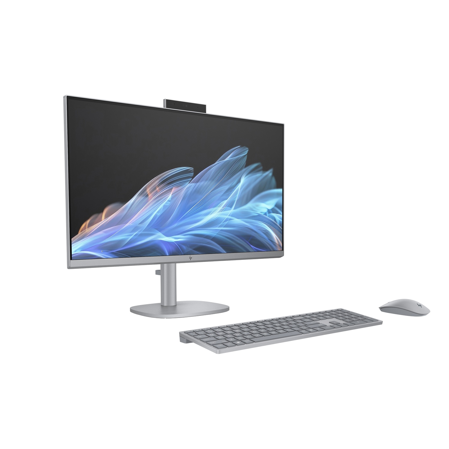 A silver HP all-in-one desktop computer. It includes a monitor, keyboard, mouse, and webcam. The monitor displays a blue and white abstract image.