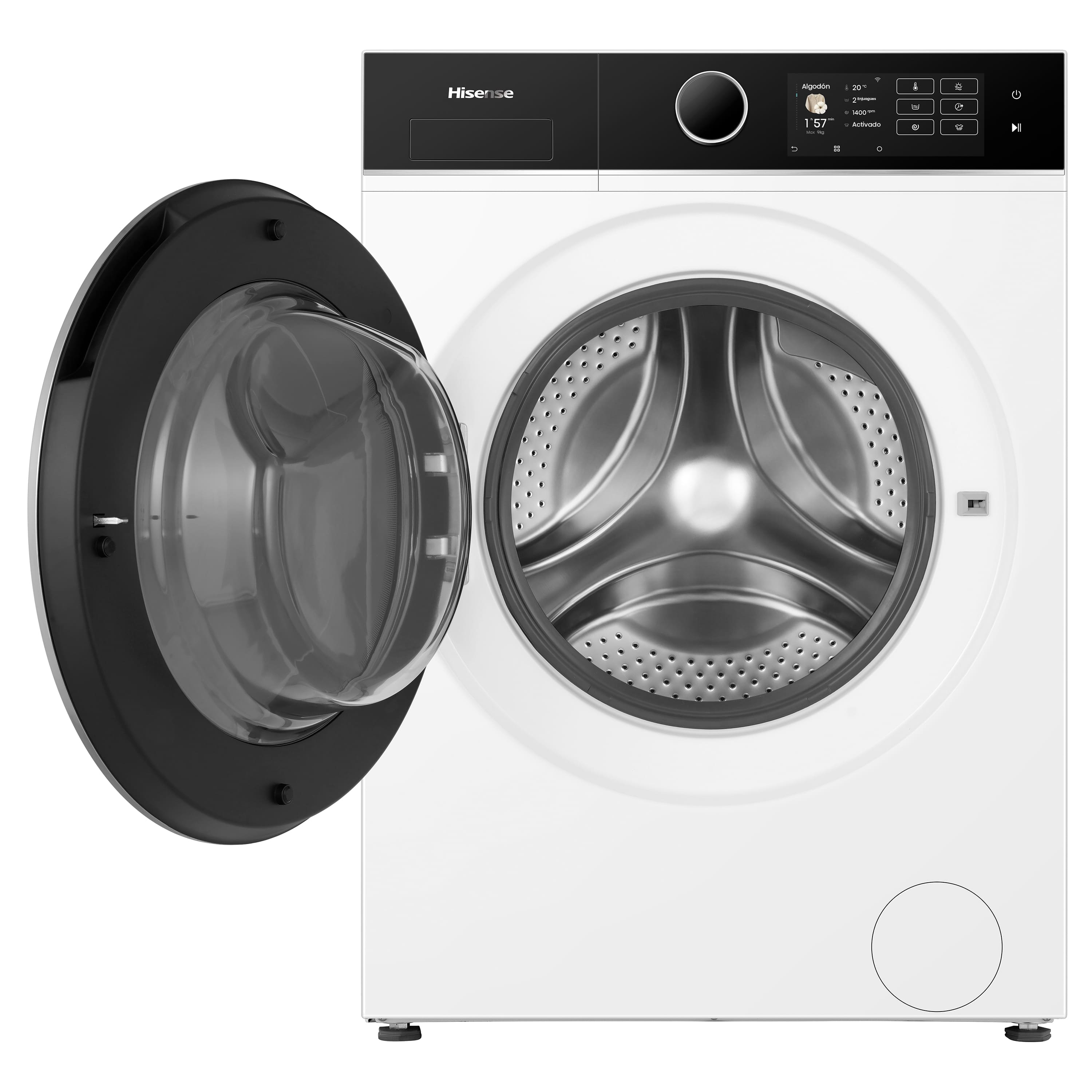 Una lavadora Hisense blanca con puerta negra abierta. La pantalla muestra opciones de lavado y el tiempo restante.