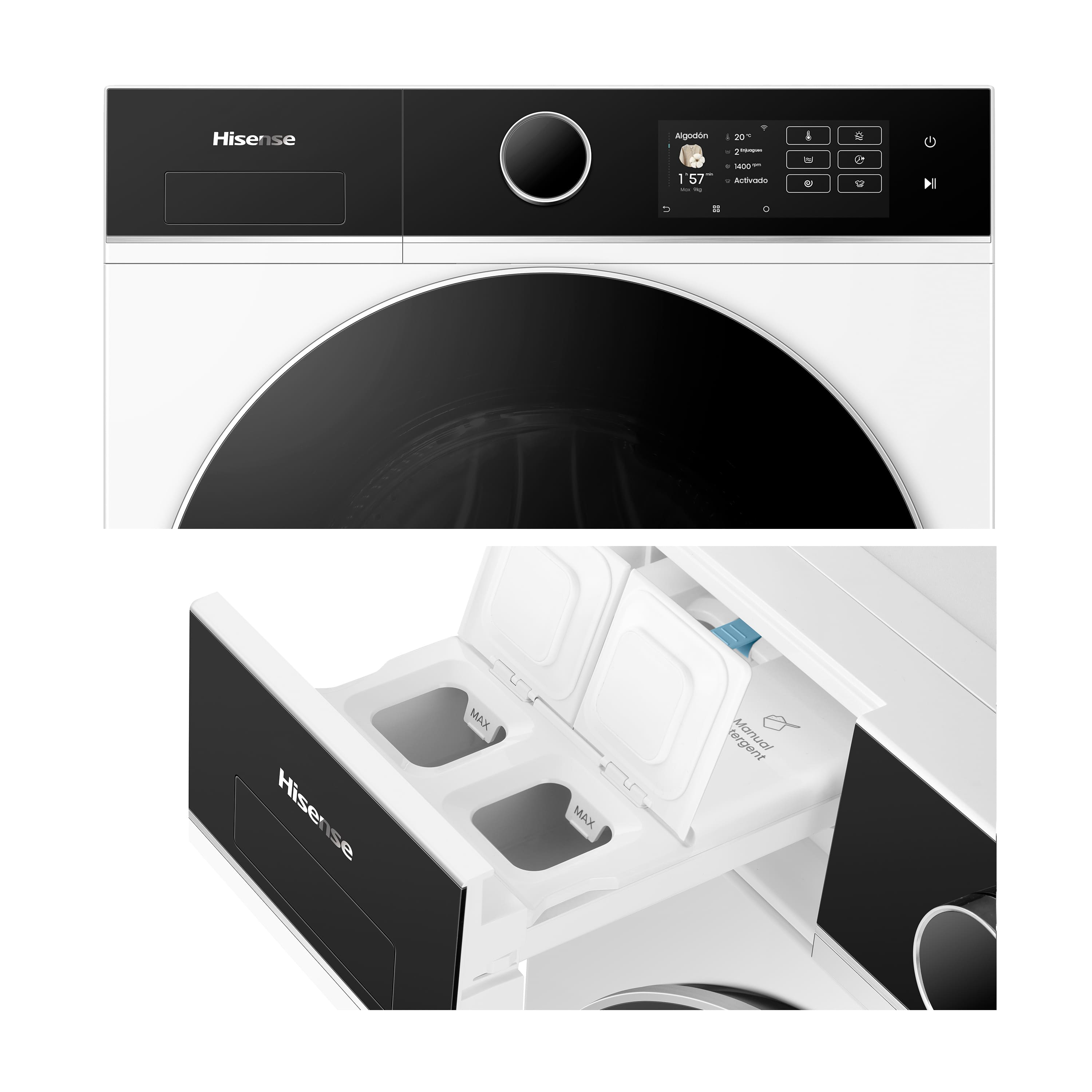 Una lavadora Hisense blanca y negra. Tiene una pantalla y un panel de control. El cajón del detergente está abierto.