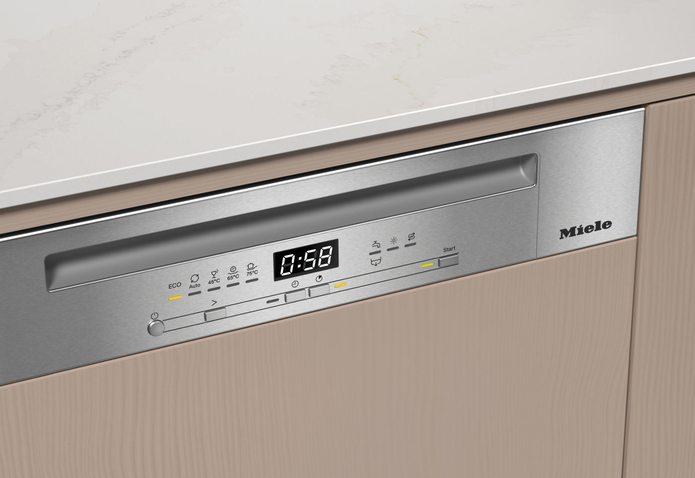 Bir Miele bulaşık makinesinin kontrol paneli yakından çekimi. Zamanı, sıcaklık ayarlarını ve çeşitli program seçeneklerini, ahşap bir dolap ile gösteriyor.