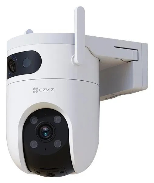 Biała kamera bezpieczeństwa EZVIZ z czarnym przodem, zamontowana na białym wsporniku. Posiada obiektyw i antenę. Widoczne jest logo marki.