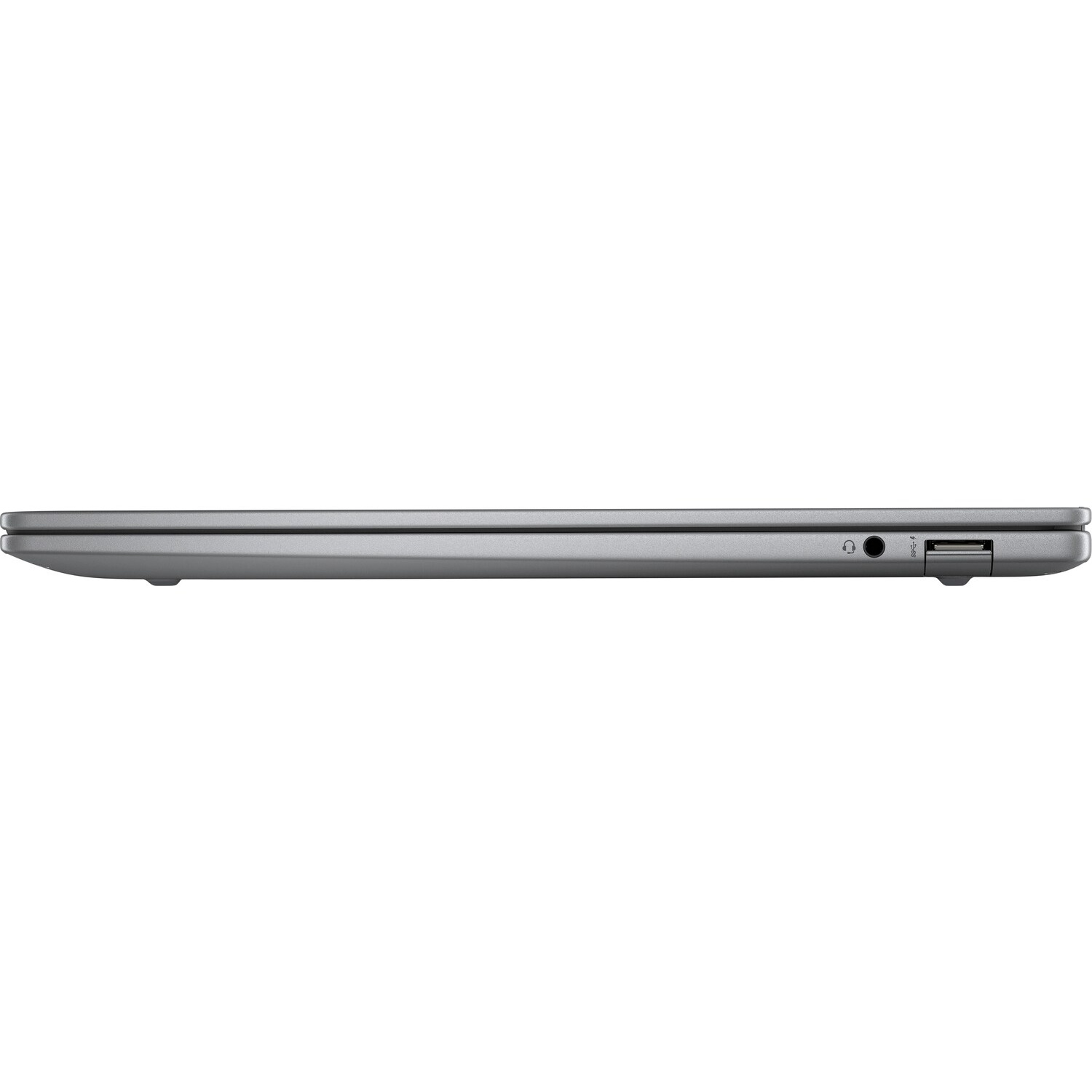 Zijaanzicht van een gesloten grijze laptop. De zijkant toont een hoofdtelefoonaansluiting, een USB-poort en een voedingspoort.