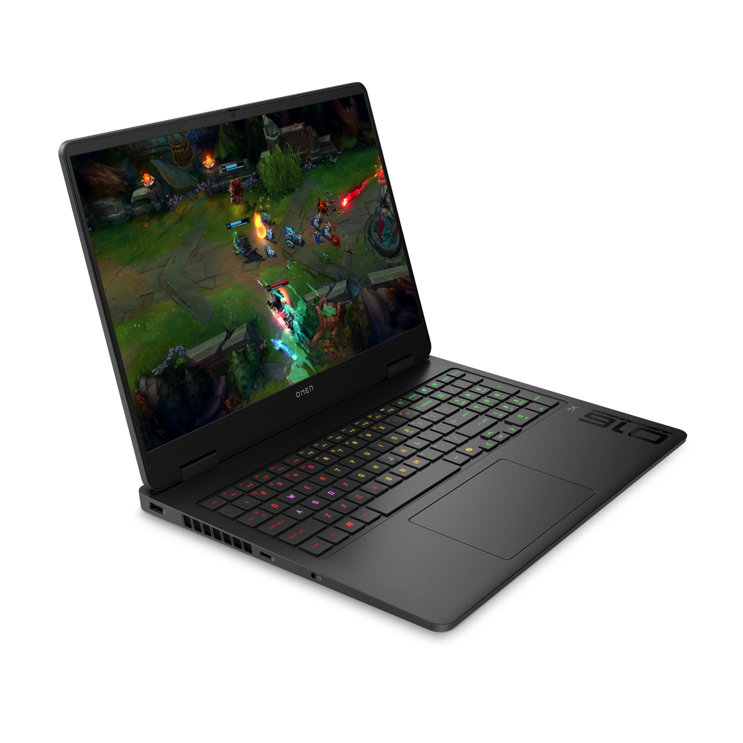 Black Omen laptop displaying a video game scene. The keyboard is lit with colorful keys. The screen shows a battlefield.