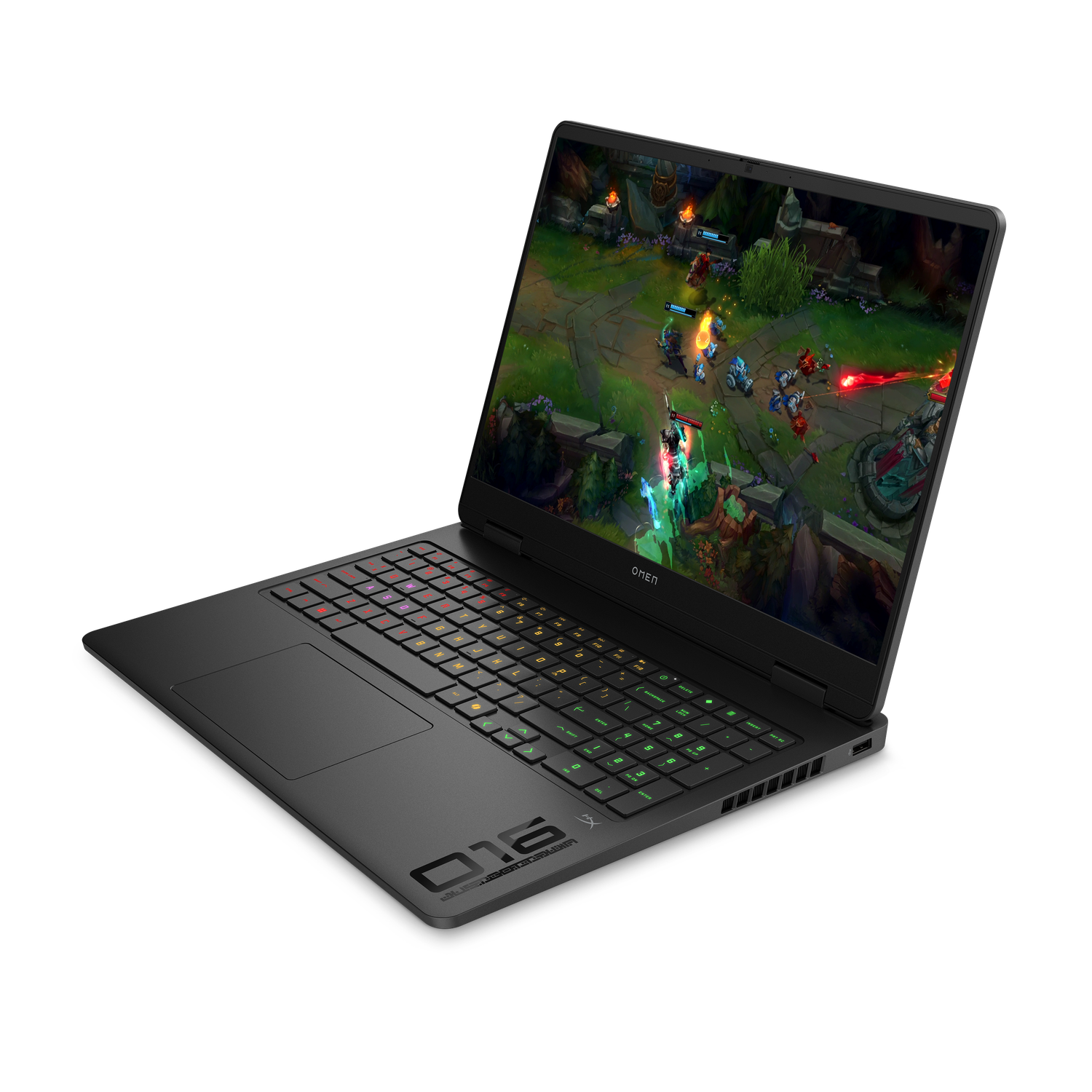 A black Omen laptop displays a video game. The keyboard has colorful backlights. The screen shows a battle scene.