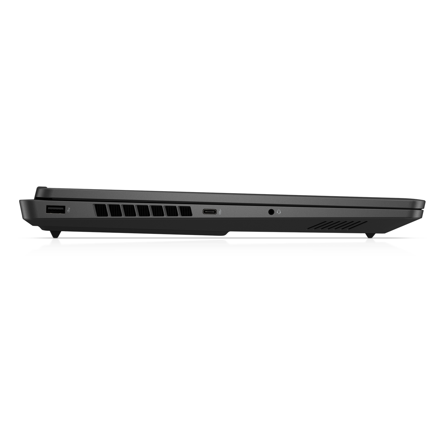 Side view of a black laptop. Visible ports include USB, audio jack, USB-C, and air vents. The background is solid black.