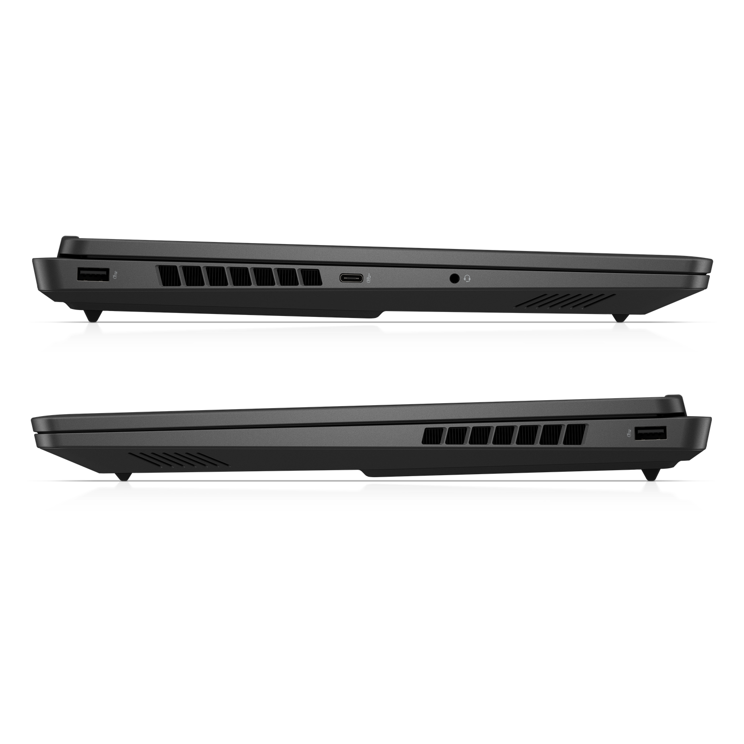 Two black laptops side view, showing ports, vents, and bottom stand. Black background.