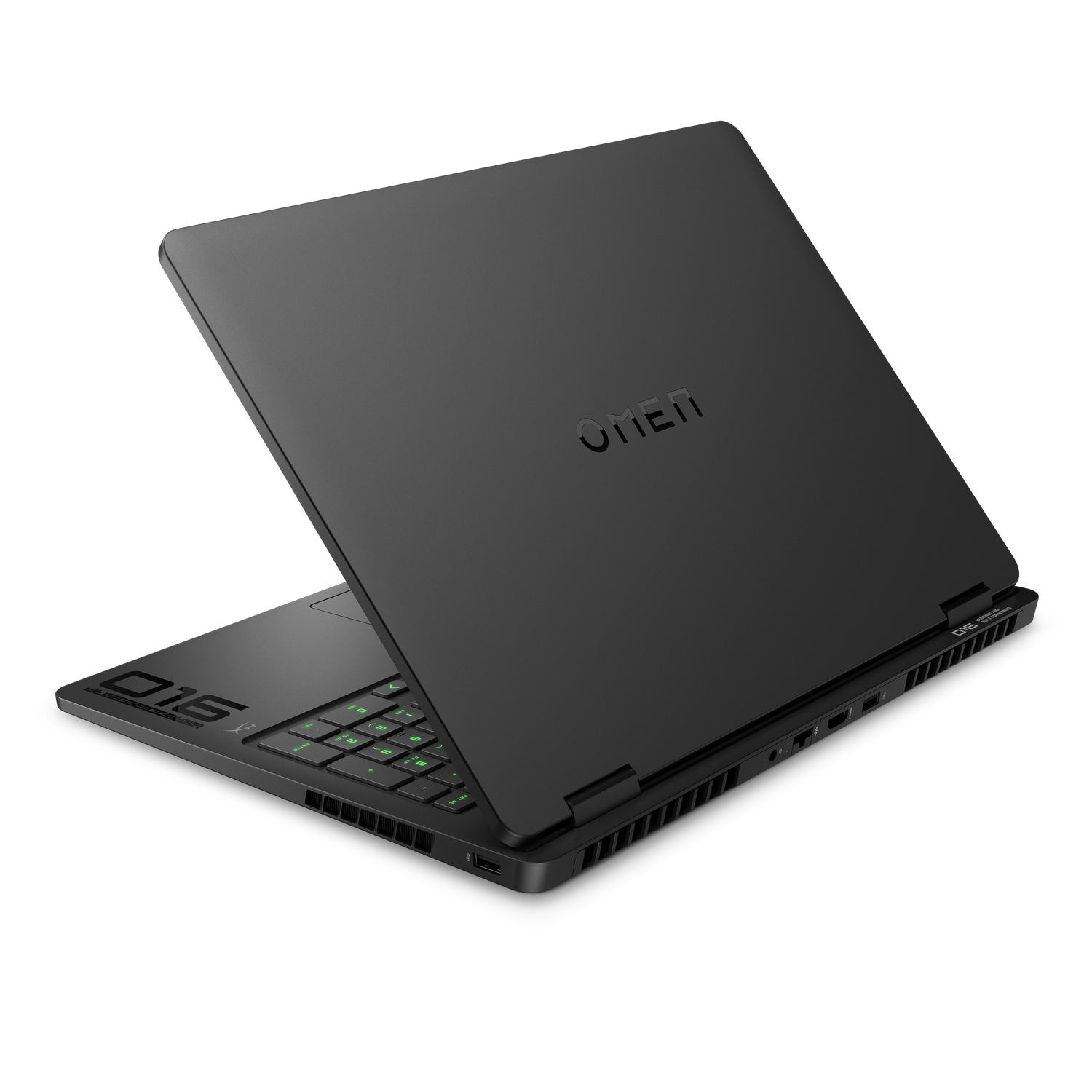 Black OMEN laptop, partially open, angled. Keyboard visible with green keys, OMEN logo on the lid. Black background.