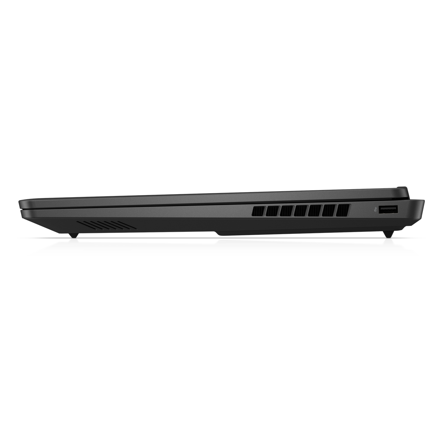 Side view of a black laptop on a black background. The laptop is slightly open, showing vents, ports and a USB port.