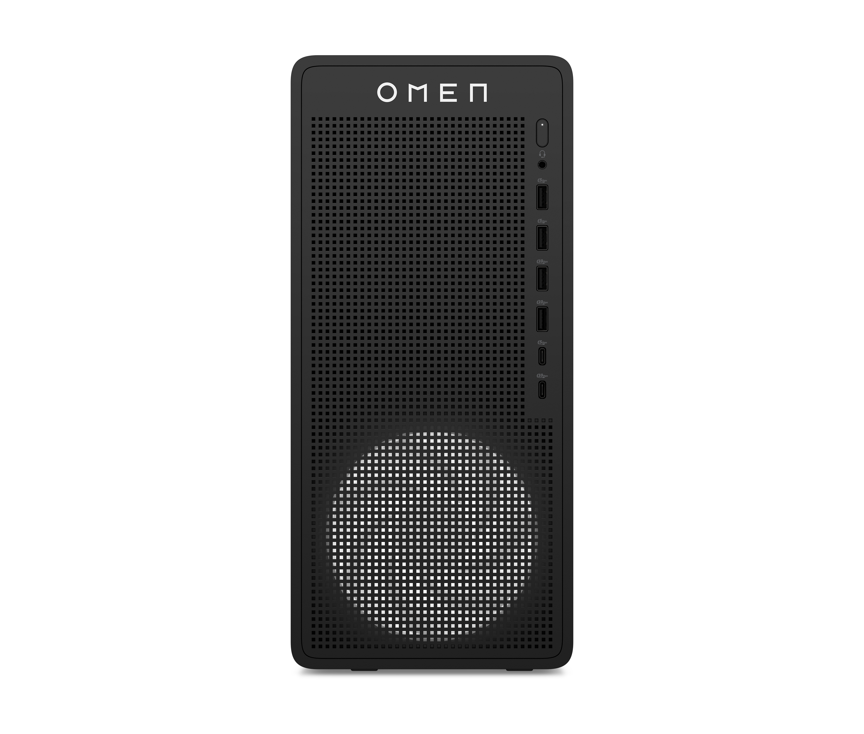 Schwarzes OMEN-PC-Gehäuse. Es hat eine perforierte Front mit einem weißen Kreis, OMEN-Logo. Anschlüsse auf der rechten Seite.