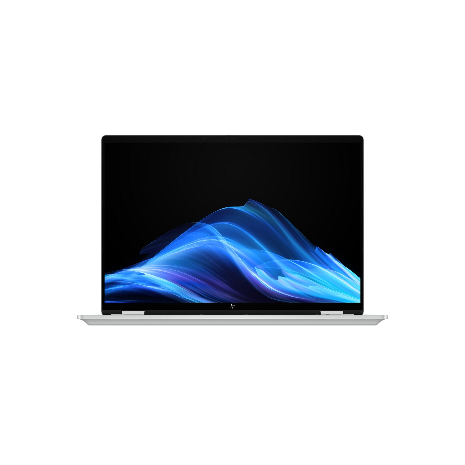 A silver HP laptop is displayed frontally, its screen showing blue and white abstract waves against a black background.