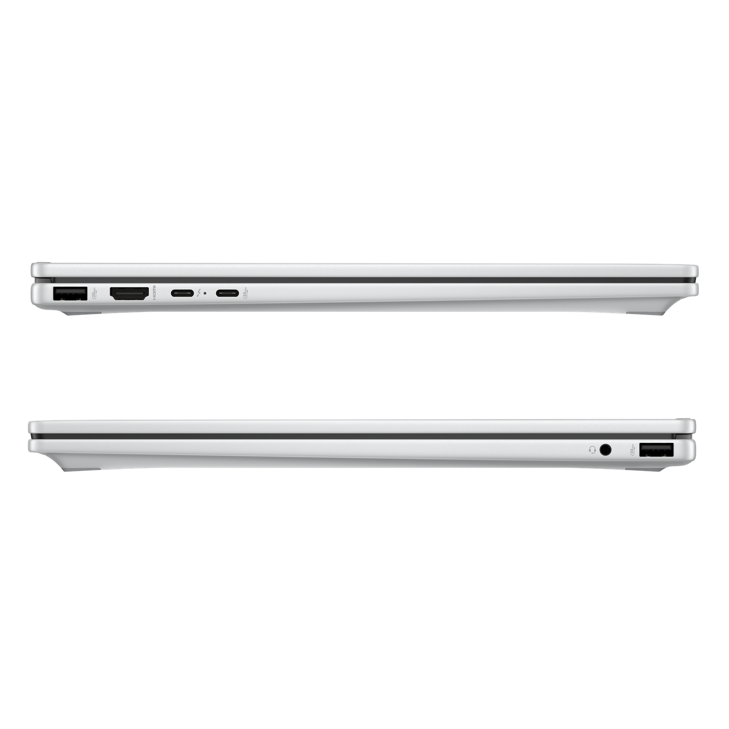 Side view of a white laptop showing ports: USB, HDMI, USB-C, and audio jack. The laptop is on a black background.