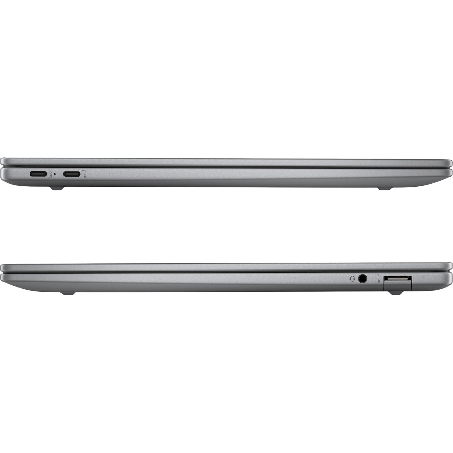 Twee zilveren laptops verticaal gestapeld. De bovenste heeft poorten voor opladen en gegevensoverdracht. De onderste heeft een koptelefoonaansluiting en USB-poorten.