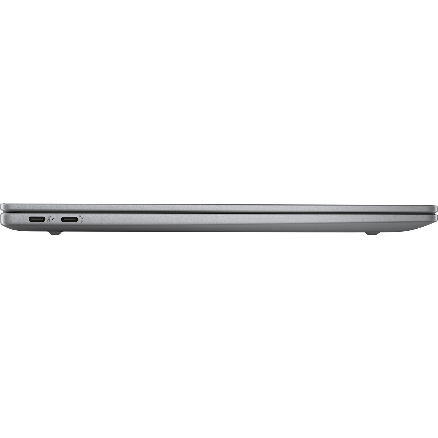 Zijaanzicht van een zilveren laptop. Toont poorten en de rand van het gesloten apparaat. Witte achtergrond.