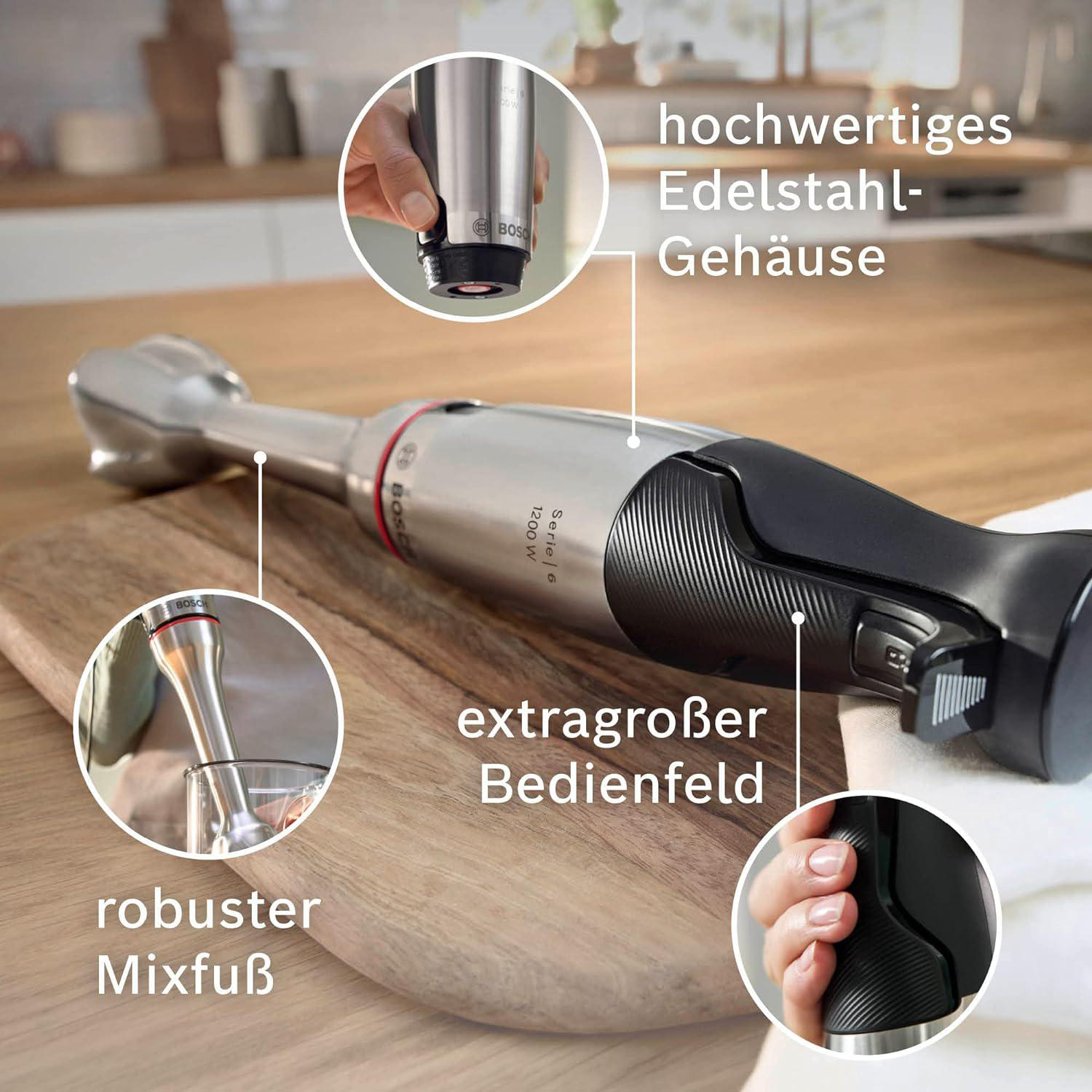 Ein Edelstahl-Stabmixer mit hervorgehobenen Merkmalen: robuster Mixfuß, Bedienfeld und Edelstahlgehäuse.