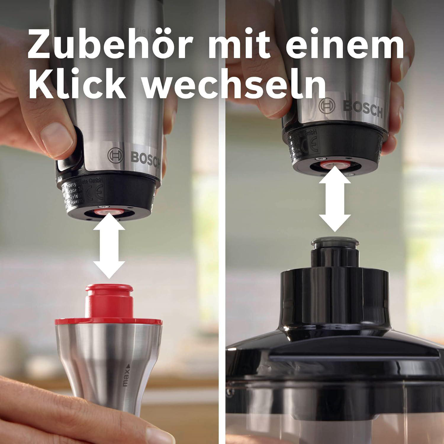 Hände montieren ein Bosch-Küchengerät. Ein rot gekröntes Teil wird an einem Metallbehälter befestigt. Das Bosch-Logo ist sichtbar.
