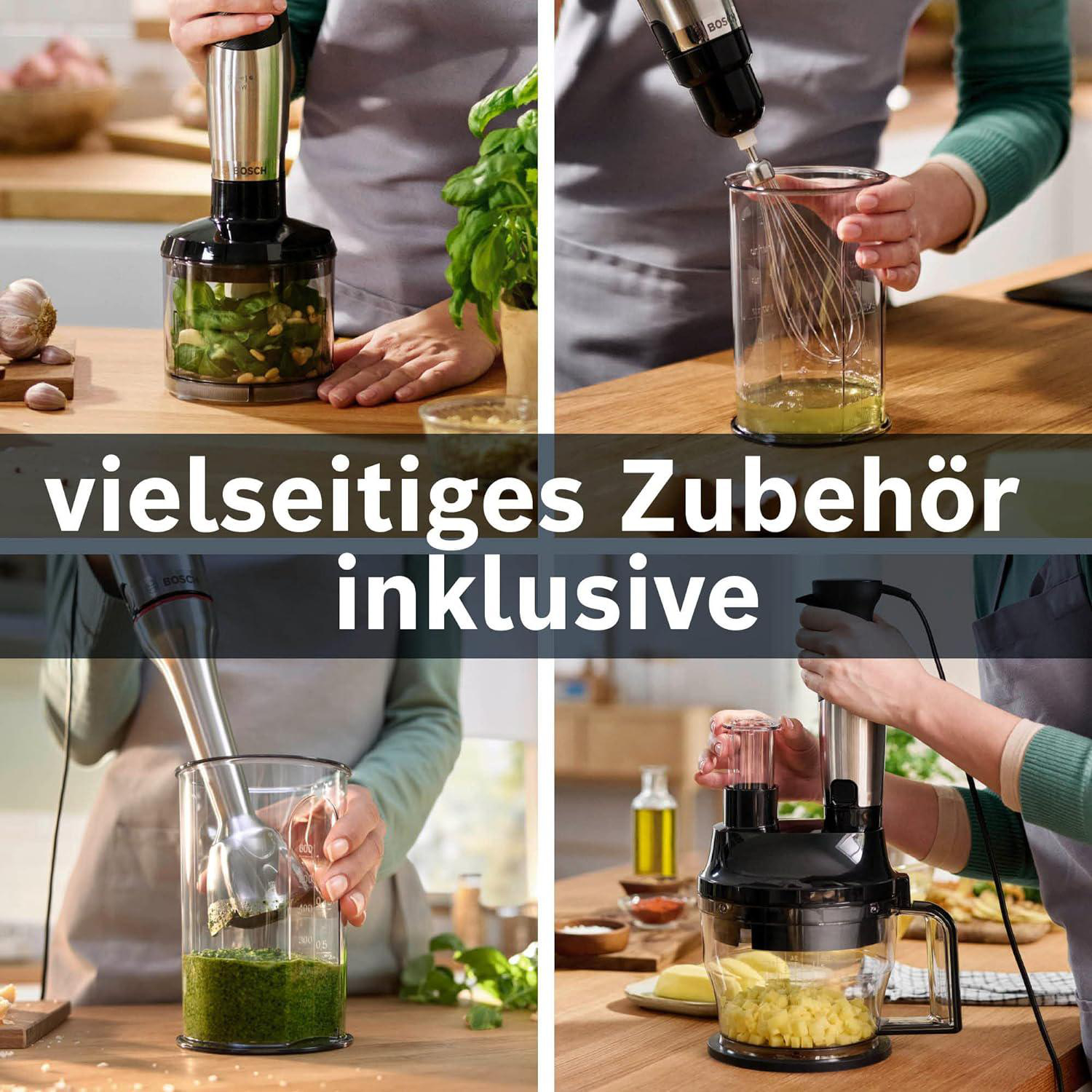 Vier Bilder zeigen einen Bosch-Handmixer mit verschiedenen Aufsätzen. Zutaten wie Basilikum, Eier und Kartoffeln werden verarbeitet.