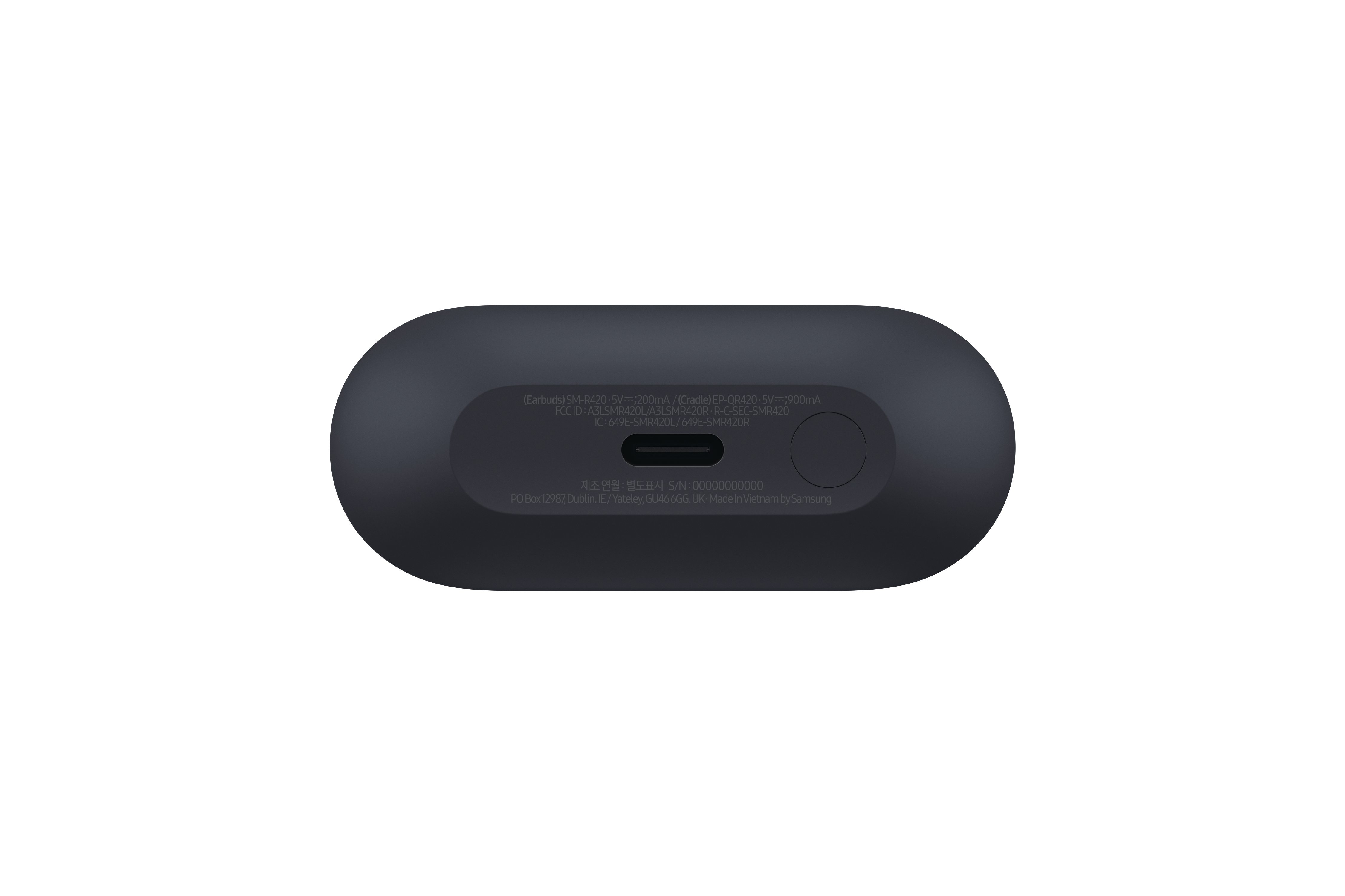 Dunkelgraues Ohrhörer-Ladecase auf weißem Hintergrund, mit Textdetails. Enthält einen USB-C-Anschluss und eine Taste.