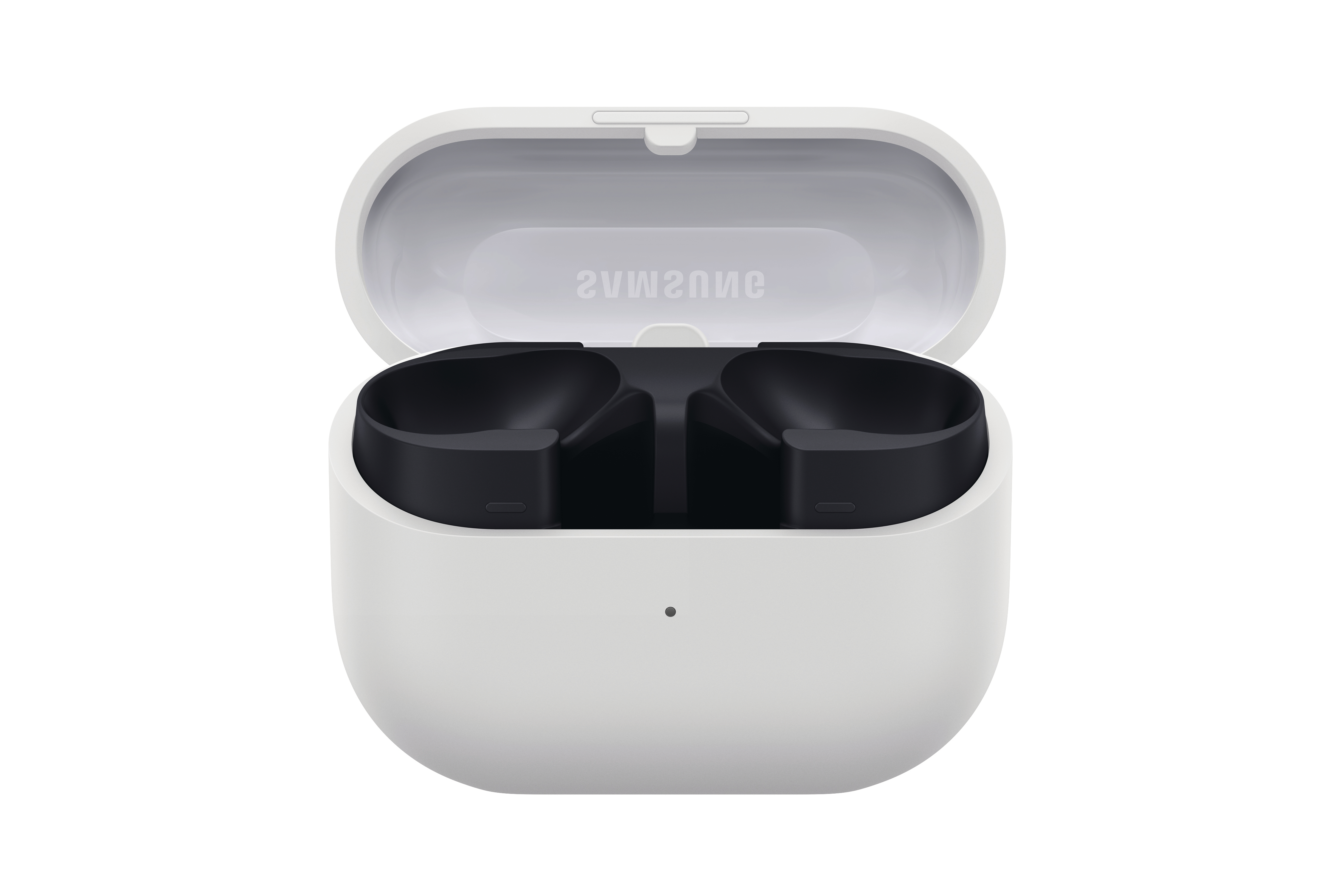 Weißes offenes Etui mit schwarzem Innenraum für Ohrhörer. Das Samsung-Logo ist auf dem Deckel sichtbar.