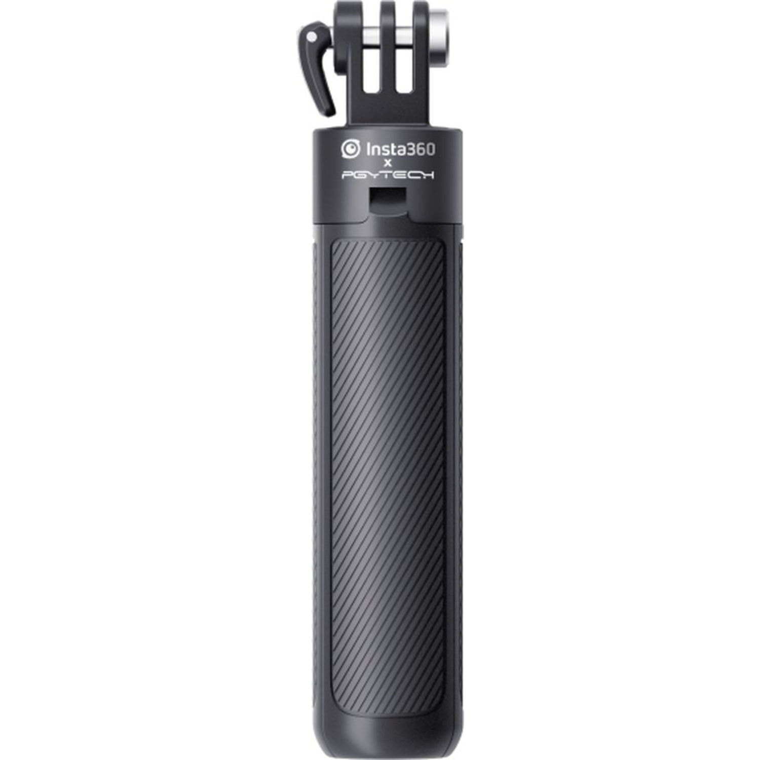 A black Insta360 X PGYTECH selfie stick. It has a textured grip, a camera mount, and a locking mechanism.